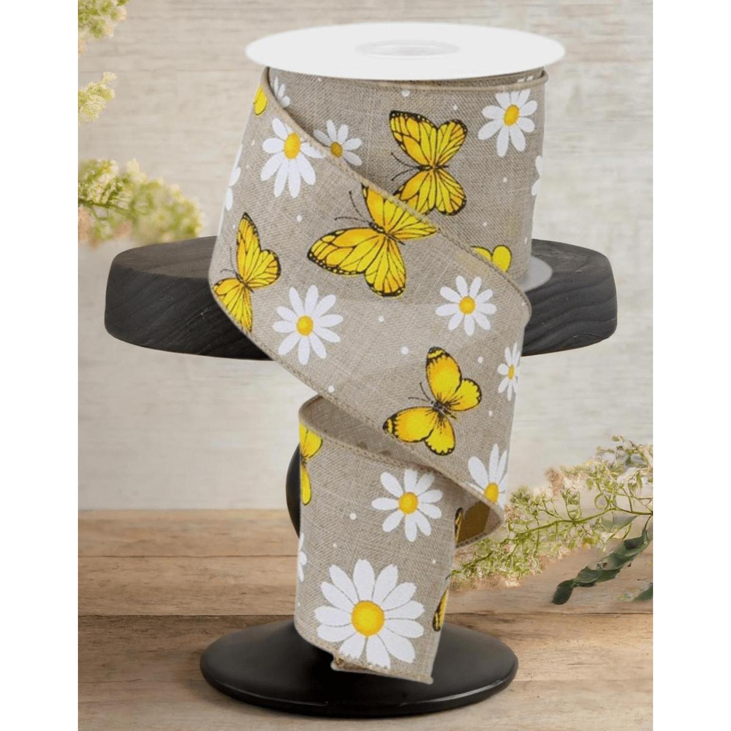 2.5" Butterfly Daisy on Royal Ribbon: Natural (10 Yards)