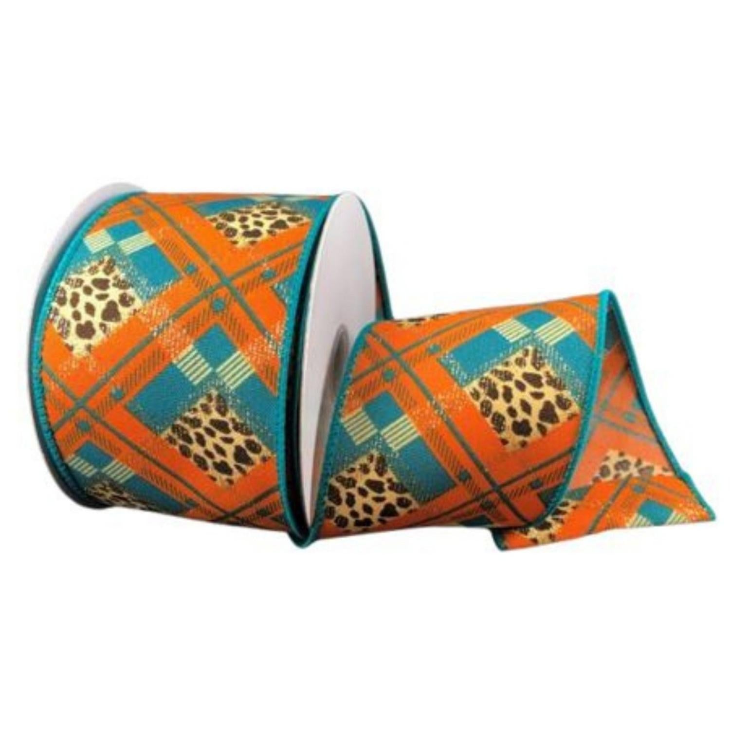 2.5" Cheetah Argyle Plaid Ribbon: Teal & Orange (10 Yards)