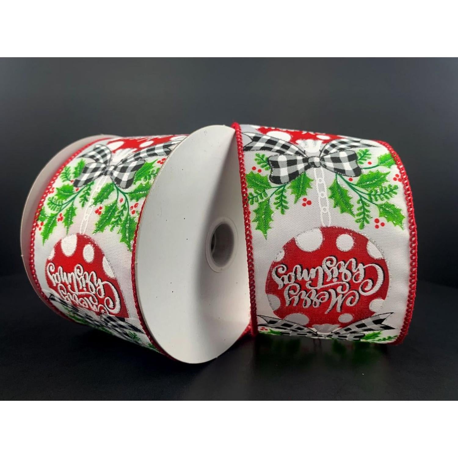 Shop For 2.5" Christmas Ornament Holly Ribbon: White & Red (10 Yards) at Michelle's aDOORable Creations