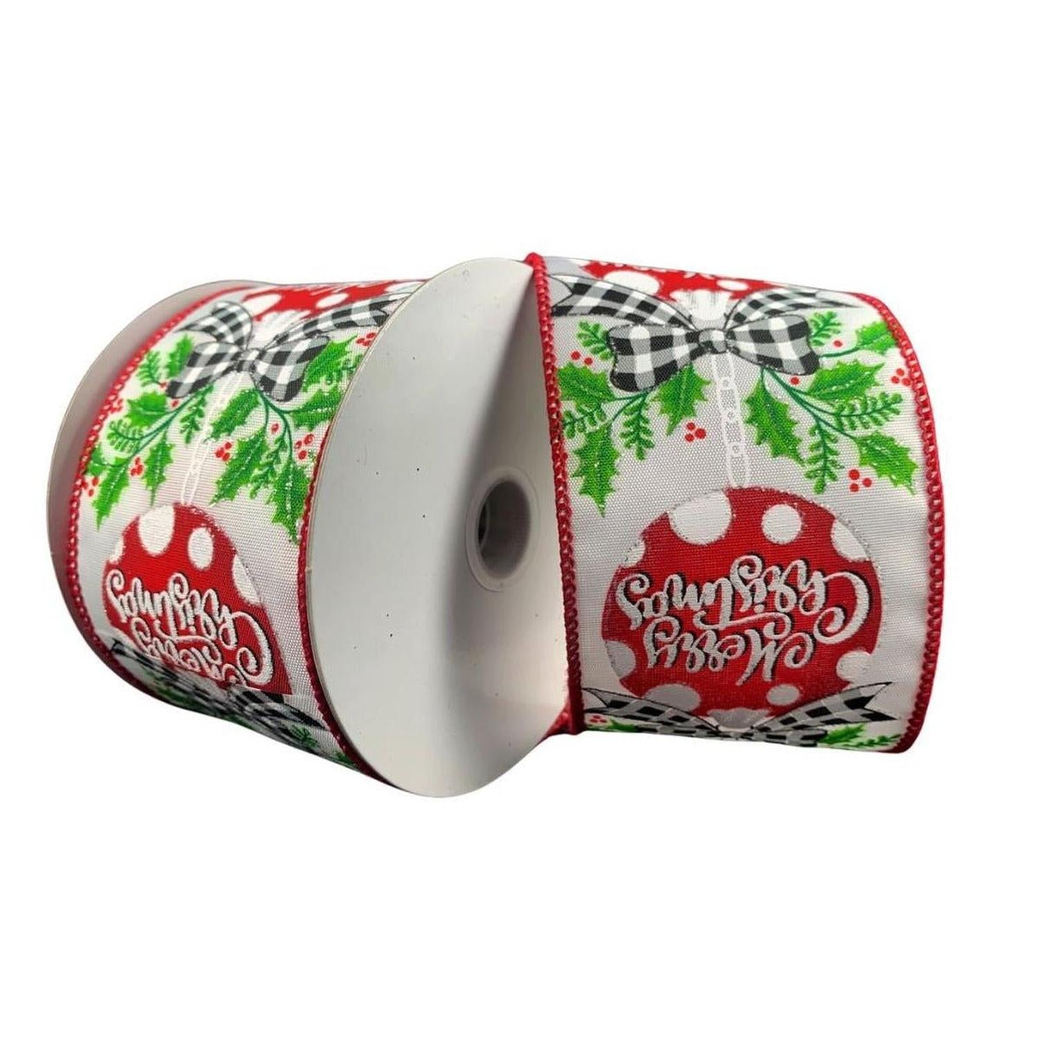 Shop For 2.5" Christmas Ornament Holly Ribbon: White & Red (10 Yards) at Michelle's aDOORable Creations