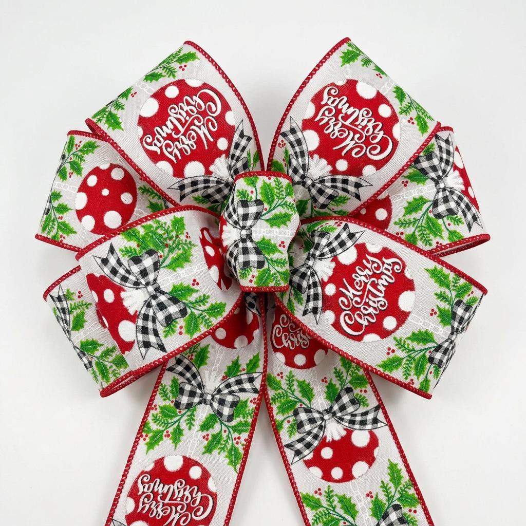 White wired edge ribbon with red ornament print and holly, pre-tied bow