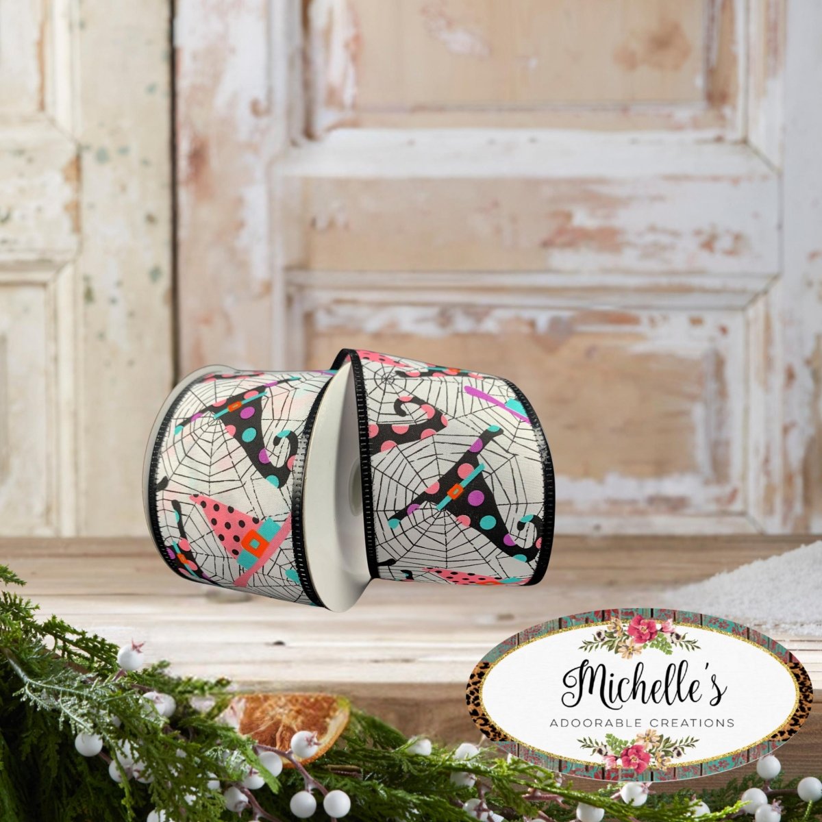 Shop For 2.5" Cobwebs and Witch Hats Ribbon: White (10 Yards)