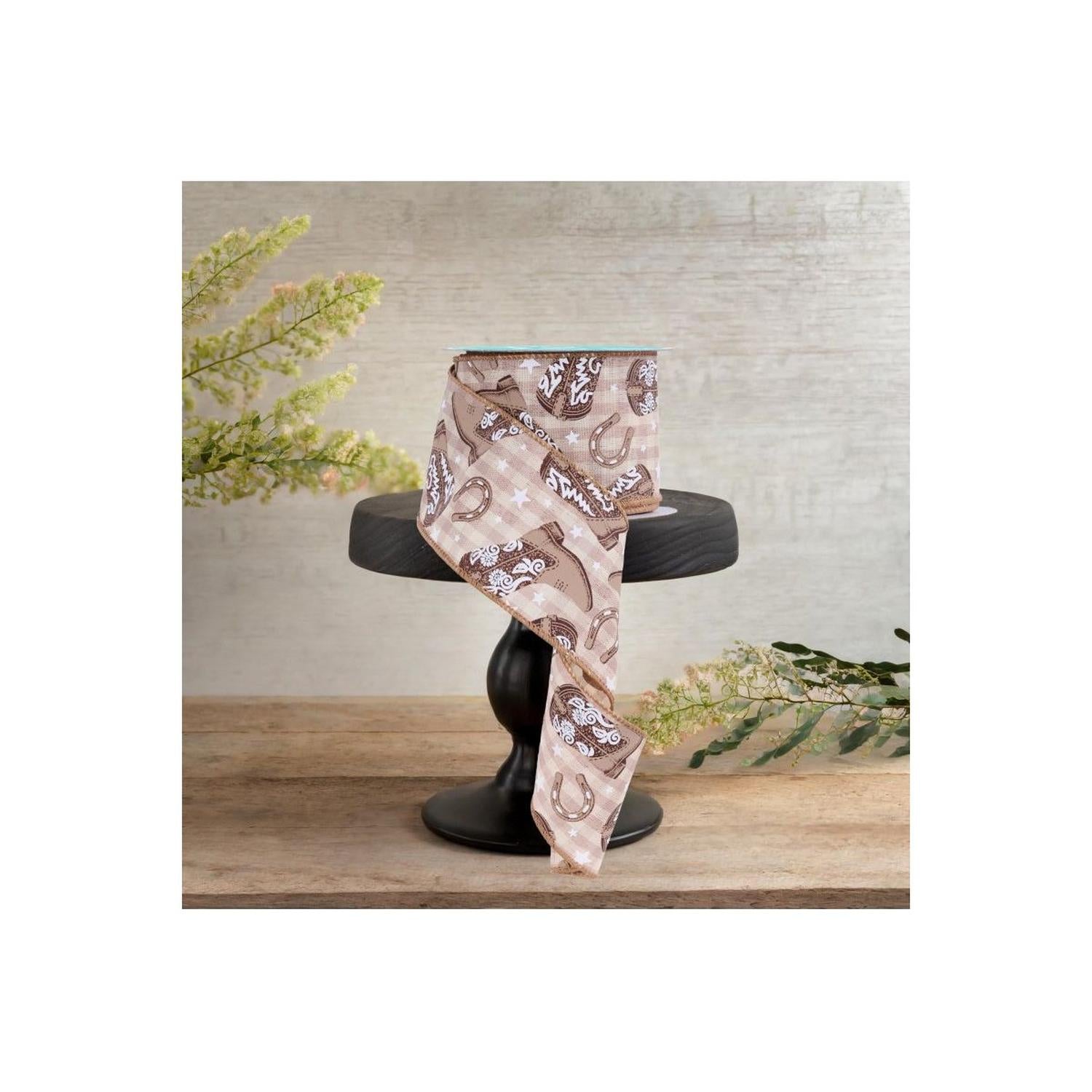 2.5" Cowboy Boots Ribbon: Beige (10 Yards)