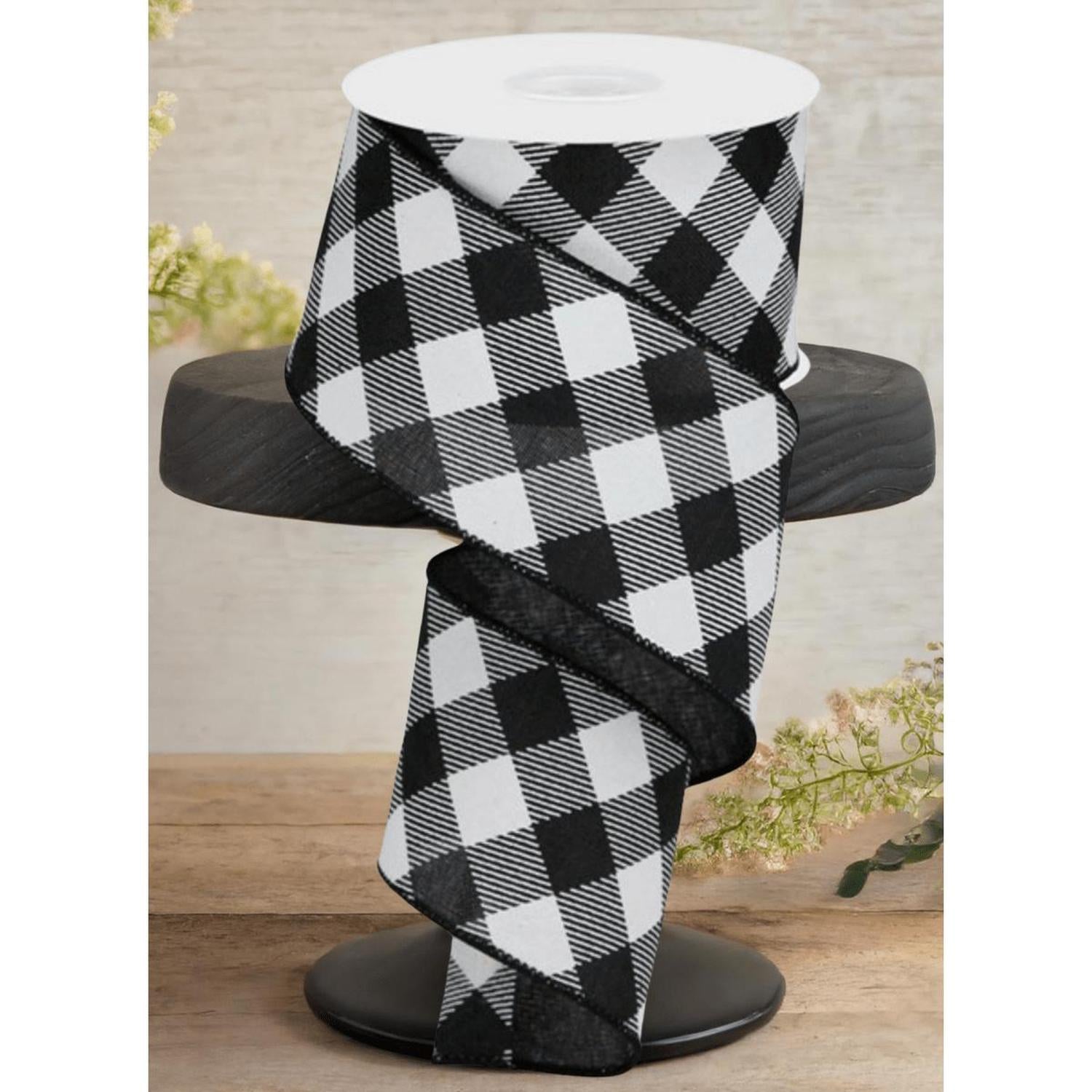 Shop For 2.5" Diagonal Check On Royal Ribbon: Black & White (10 Yards)