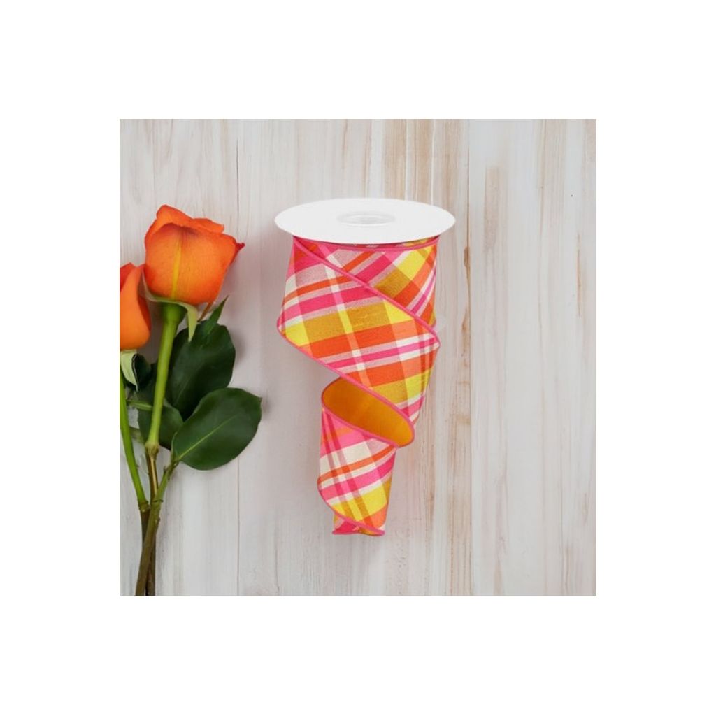 Shop For 2.5" Diagonal Plaid Fused Ribbon: Hot Pink/Yellow (10 Yards) at Michelle's aDOORable Creations