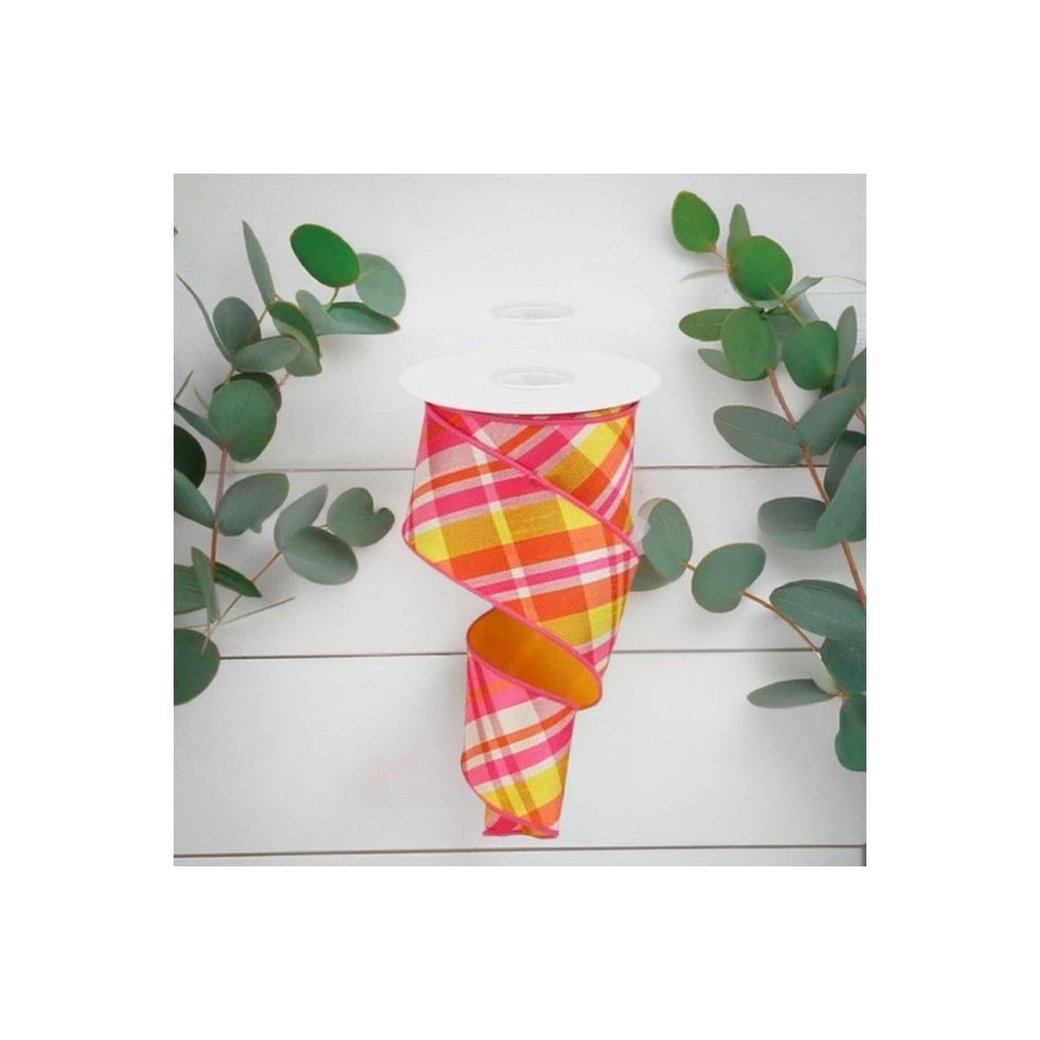 2.5" Diagonal Plaid Fused Ribbon: Hot Pink/Yellow (10 Yards)