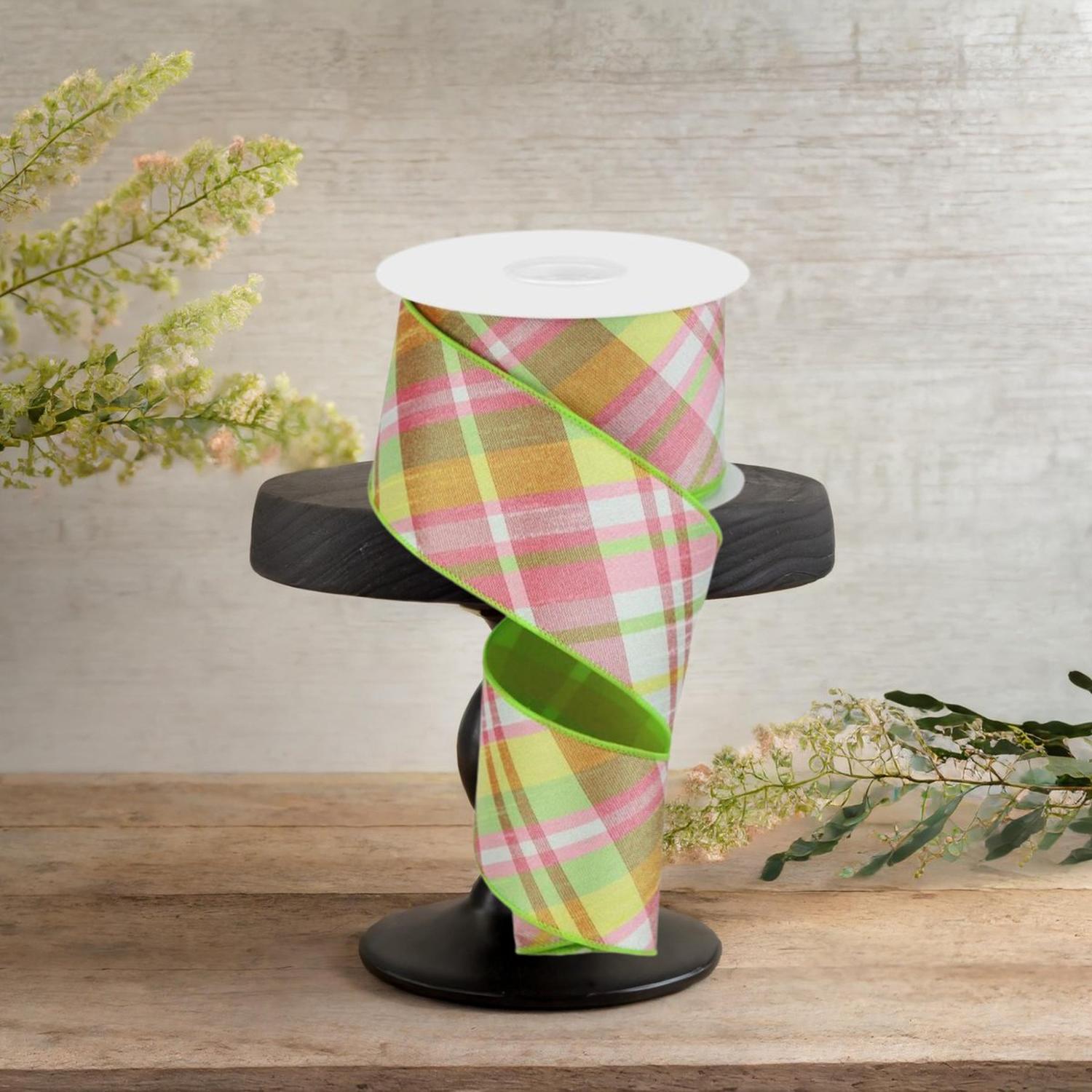 2.5" Diagonal Plaid Fused Ribbon: Spring Green (10 Yards)