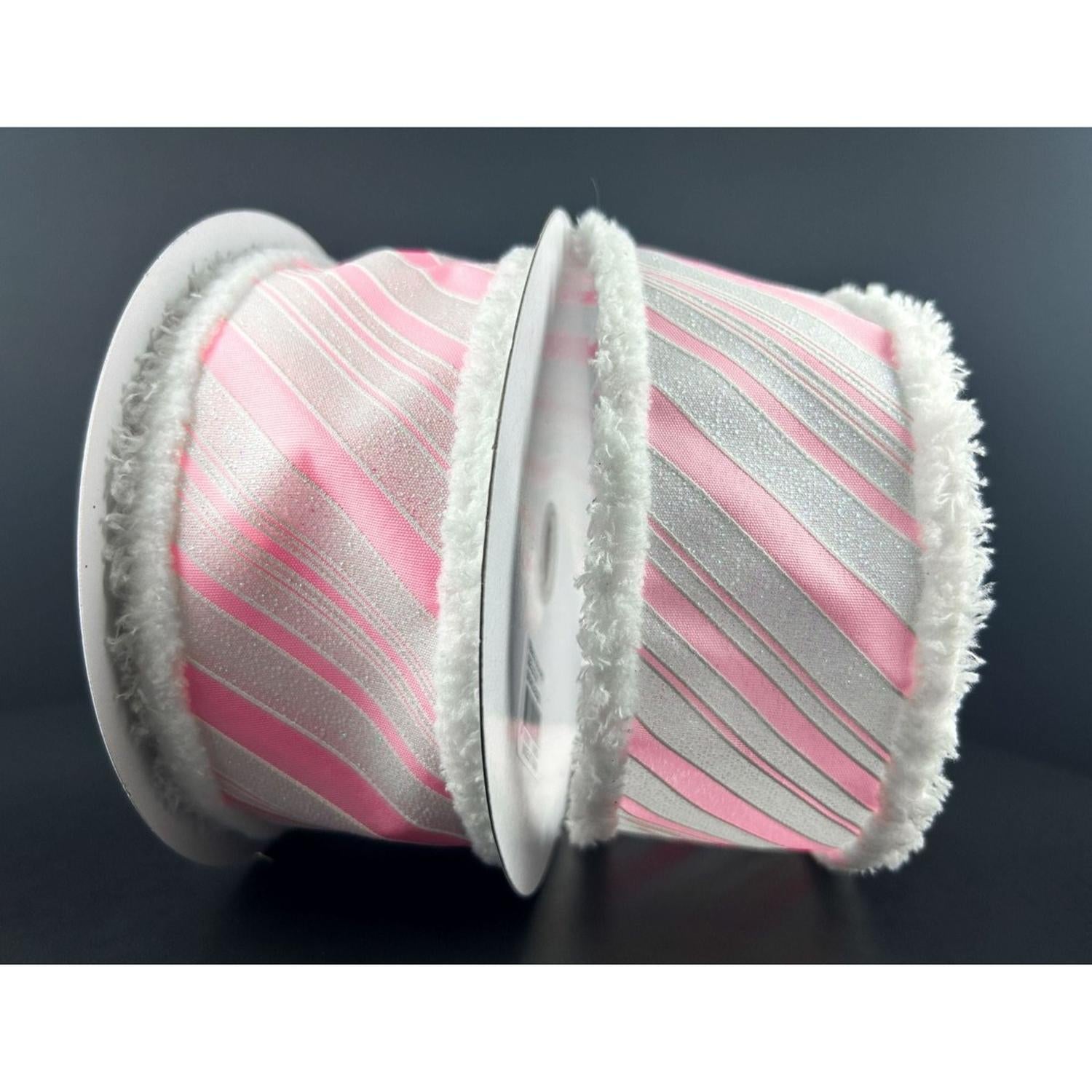 2.5" Diagonal Stripe Snow Edge Ribbon: Pink & White (10 Yards)