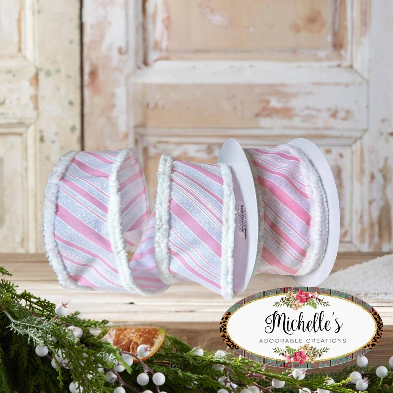 Shop For 2.5" Diagonal Stripe Snow Edge Ribbon: Pink & White (10 Yards)