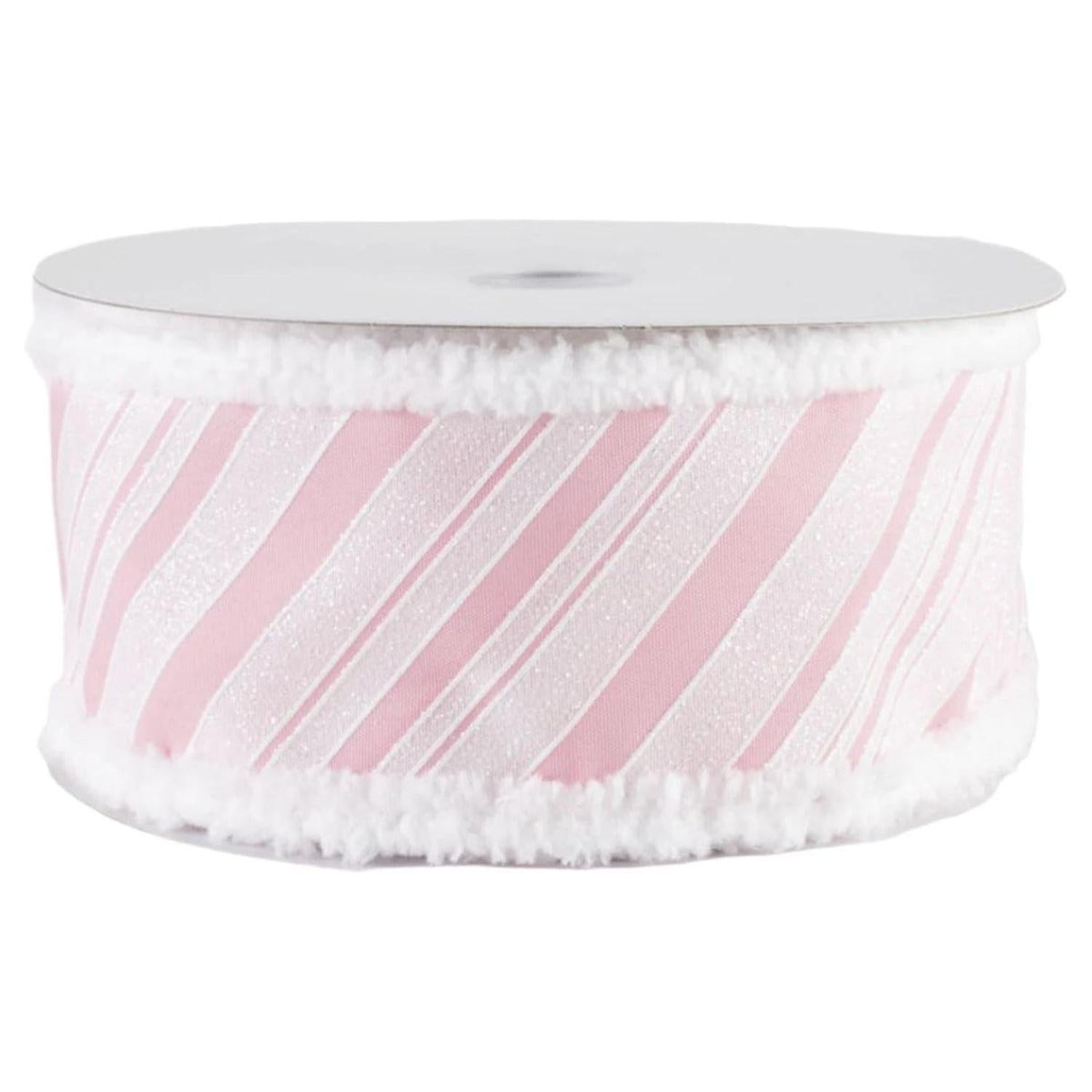 2.5" Diagonal Stripe Snow Edge Ribbon: Pink & White (10 Yards)