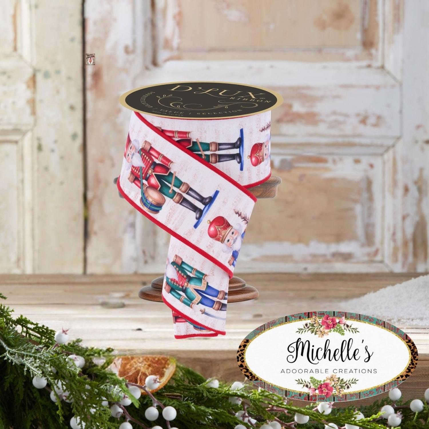 2.5" D'Lux Nutcracker Fused Ribbon: Ivory/Red (10 Yards)