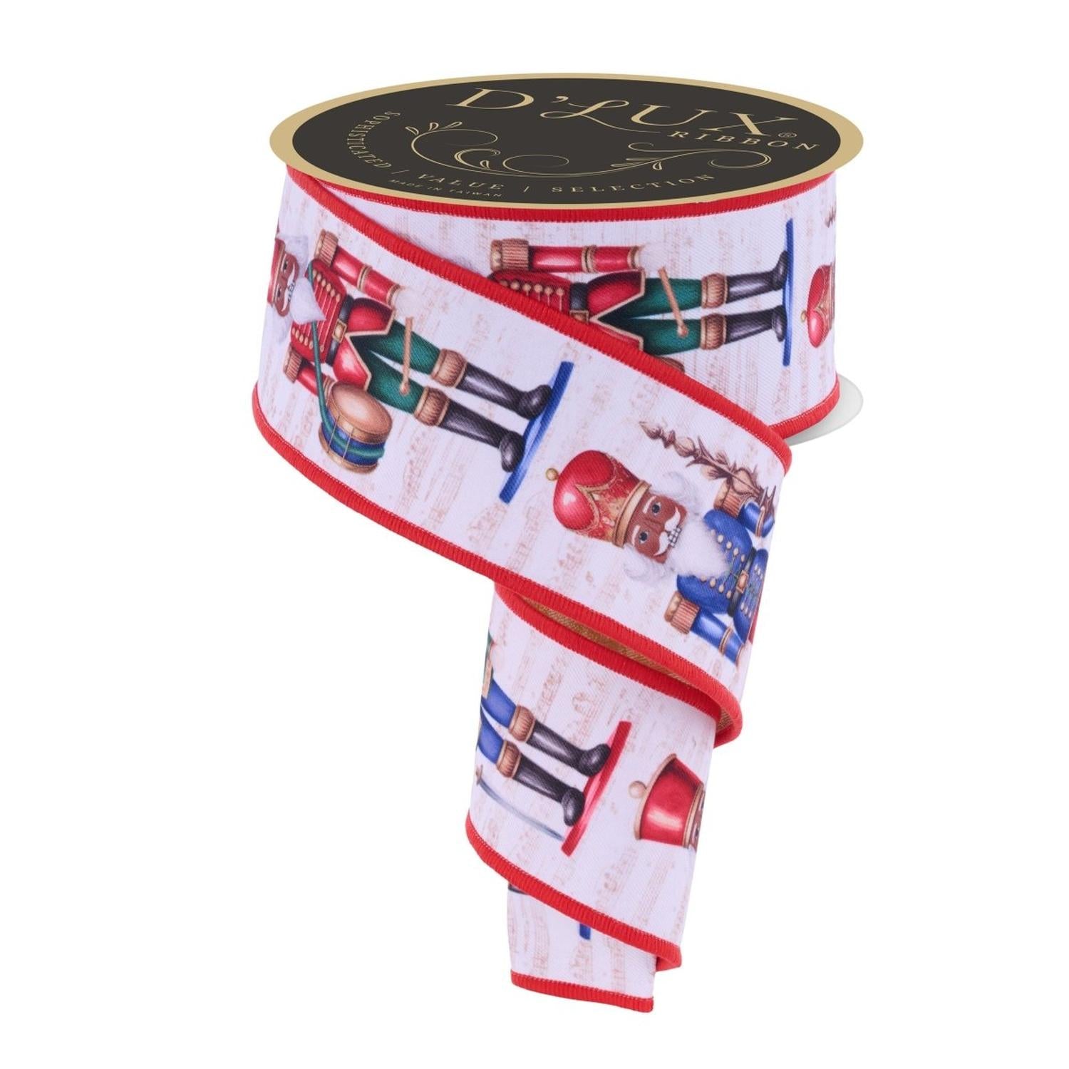 2.5" D'Lux Nutcracker Fused Ribbon: White/Red (10 Yards)
