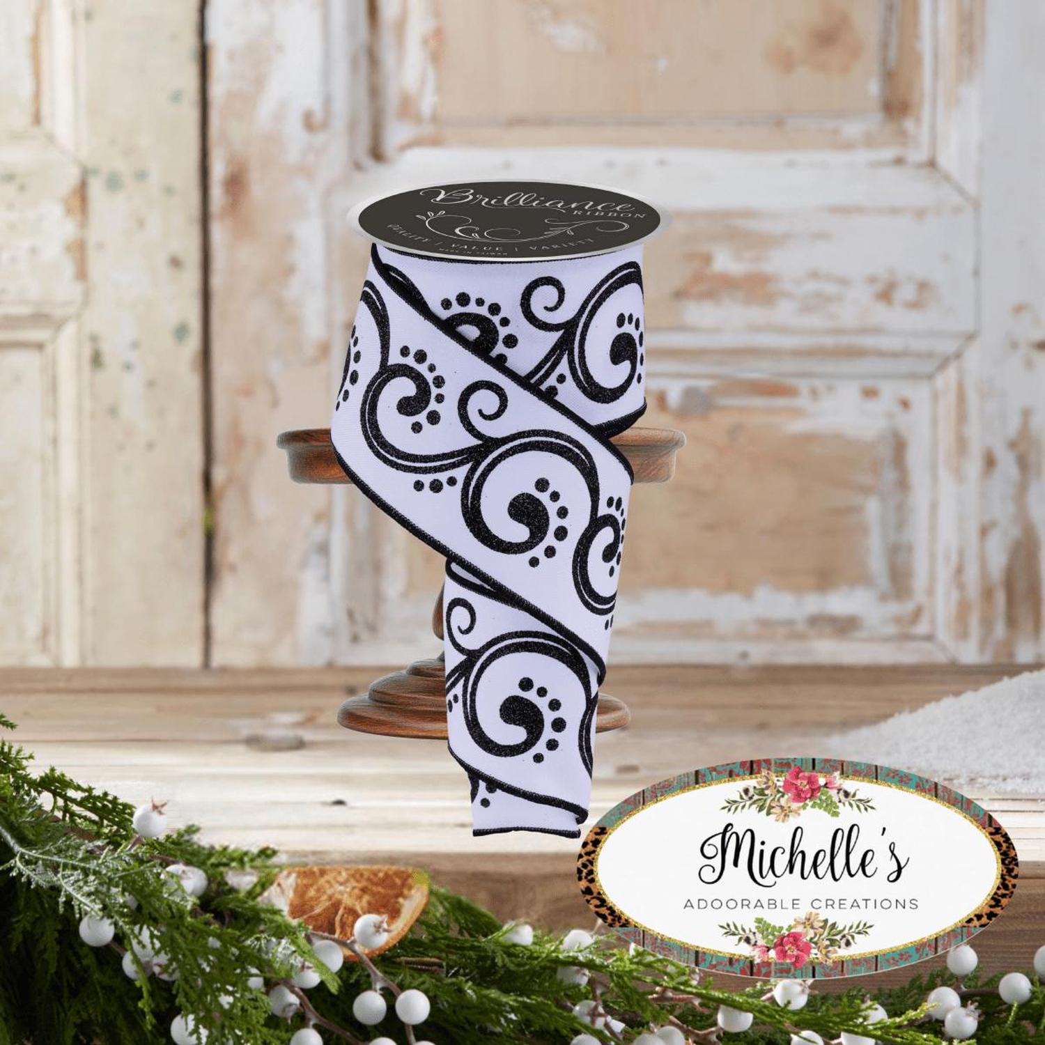 Shop For 2.5" D'Lux Swirl Design Ribbon: White/Black (10 Yards)