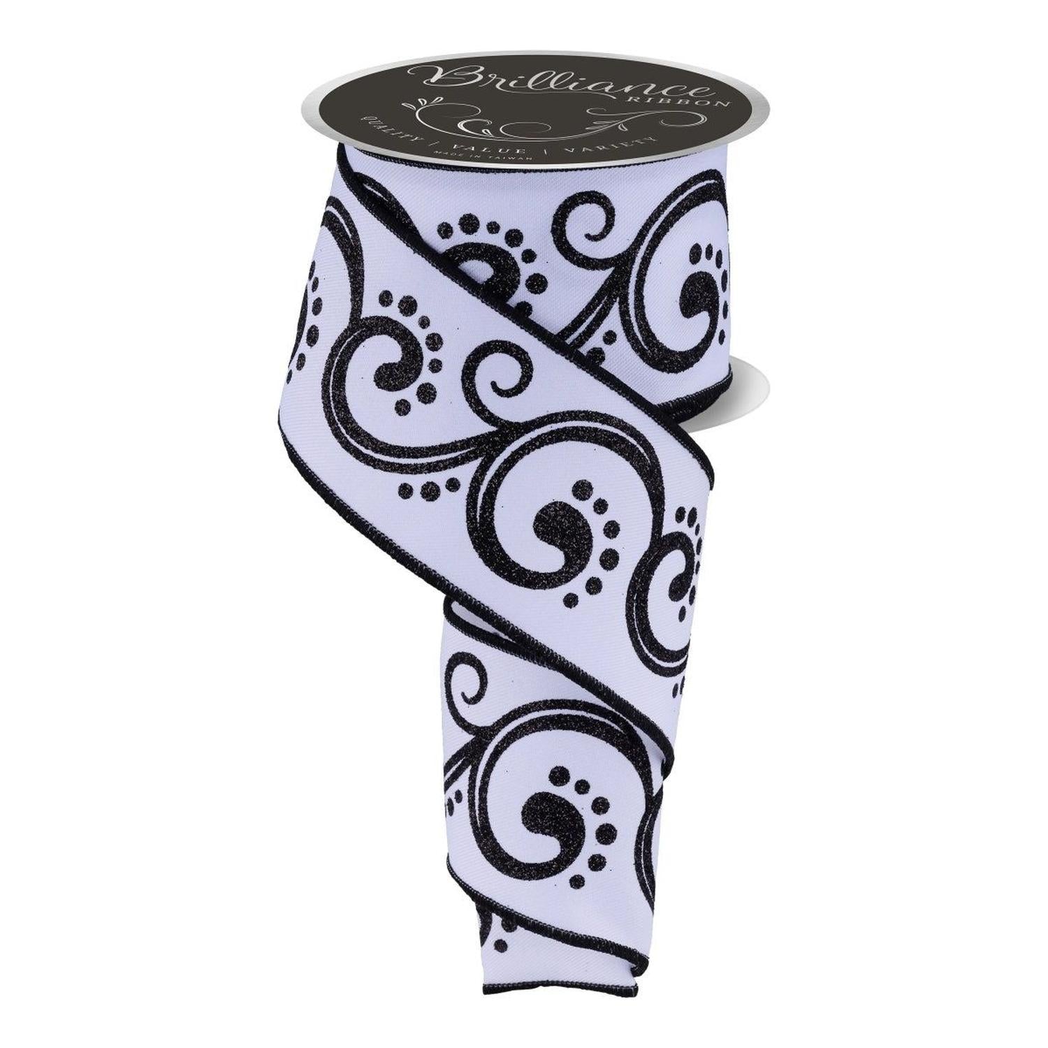 2.5" D'Lux Swirl Design Ribbon: White/Black (10 Yards)