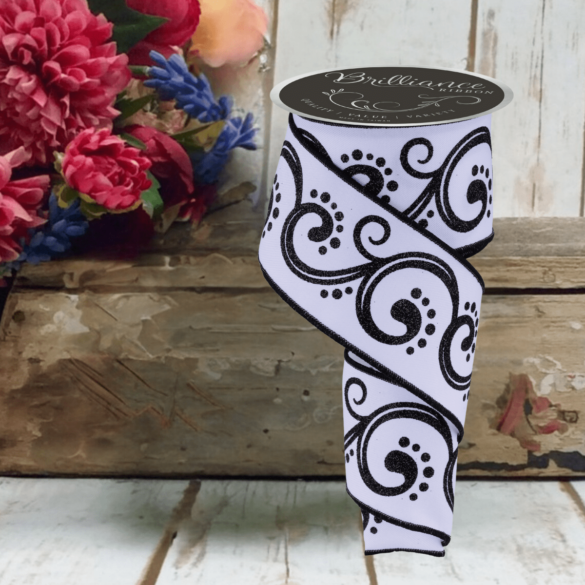Shop For 2.5" D'Lux Swirl Design Ribbon: White/Black (10 Yards)