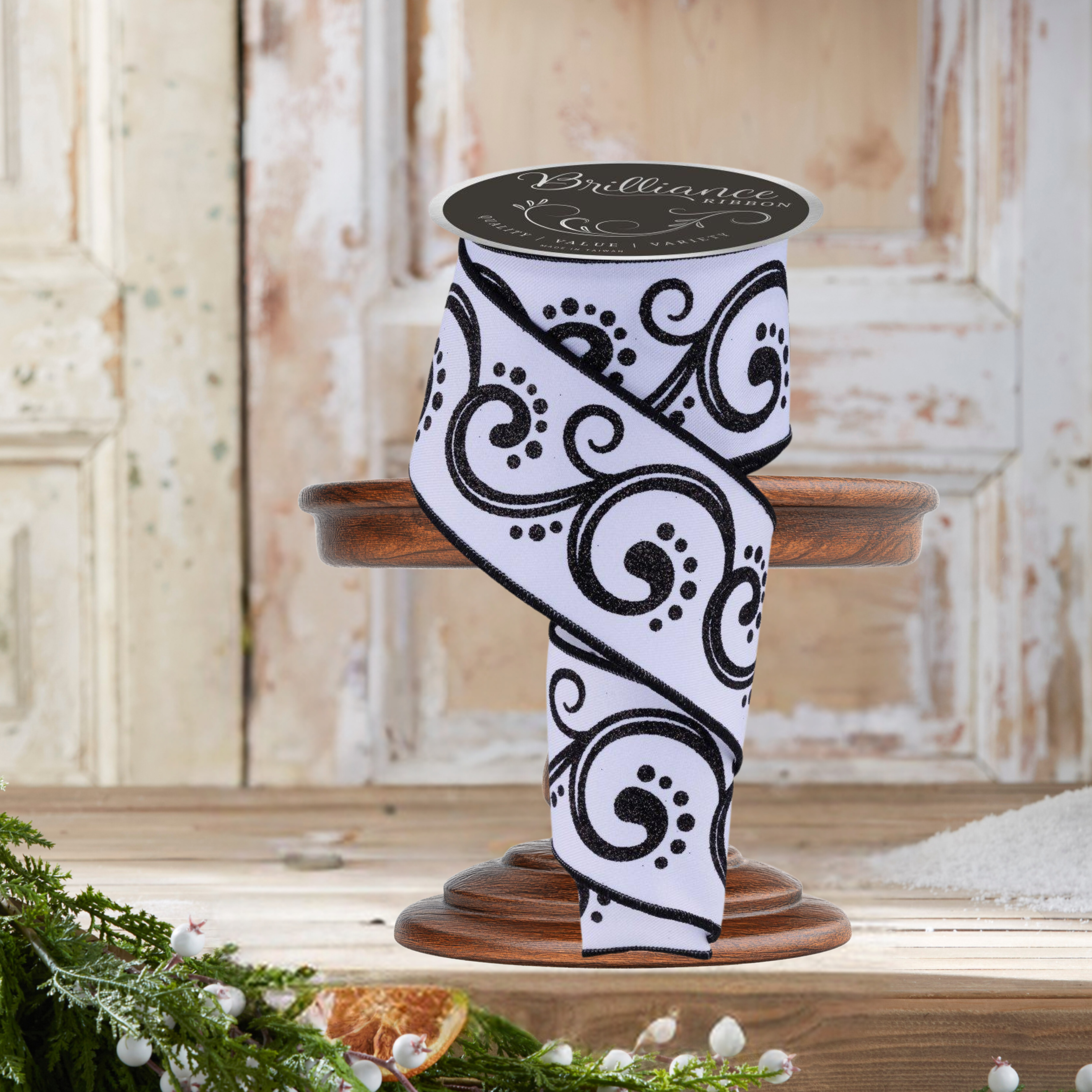 Shop For 2.5" D'Lux Swirl Design Ribbon: White/Black (10 Yards)