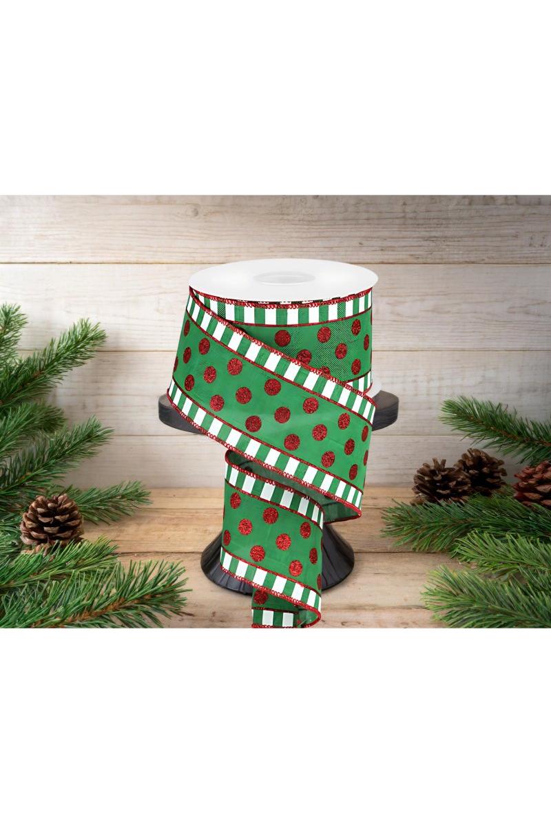 Shop For 2.5" Dots & Stripes Glitter Ribbon: Emerald Green, White & Red (10 Yards)