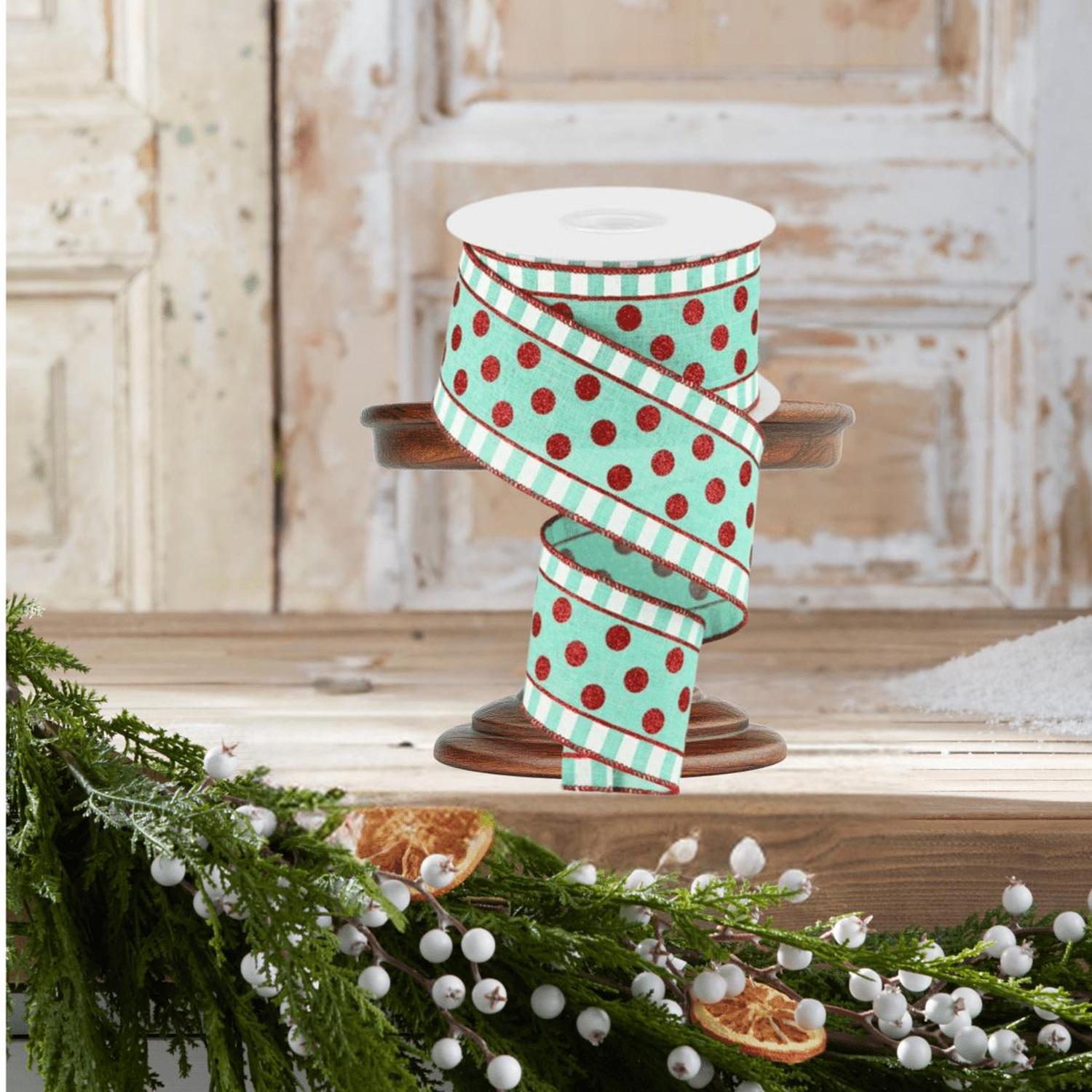 2.5" Dots & Stripes Glitter Ribbon: Mint Green (10 Yards)