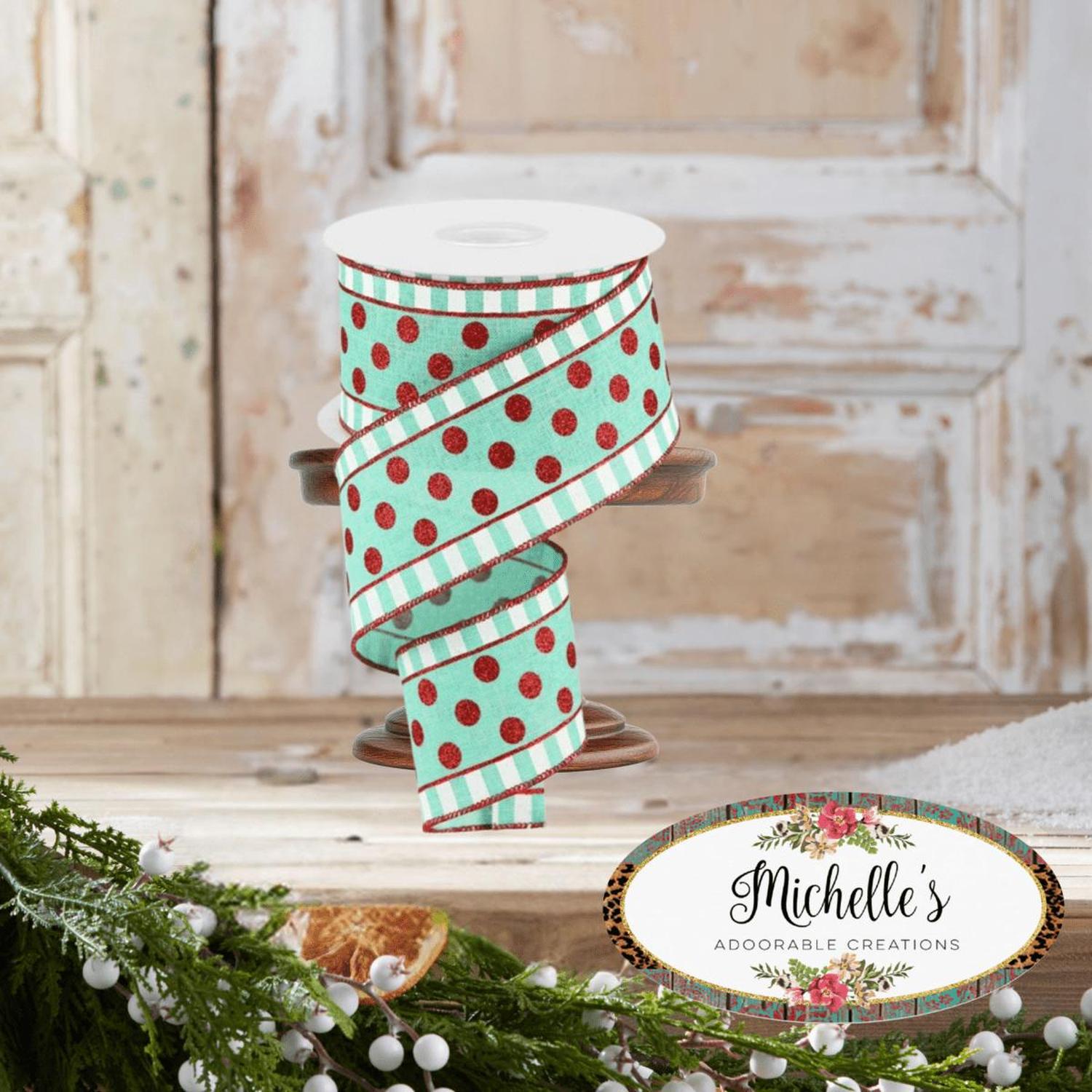 2.5" Dots & Stripes Glitter Ribbon: Mint Green (10 Yards)