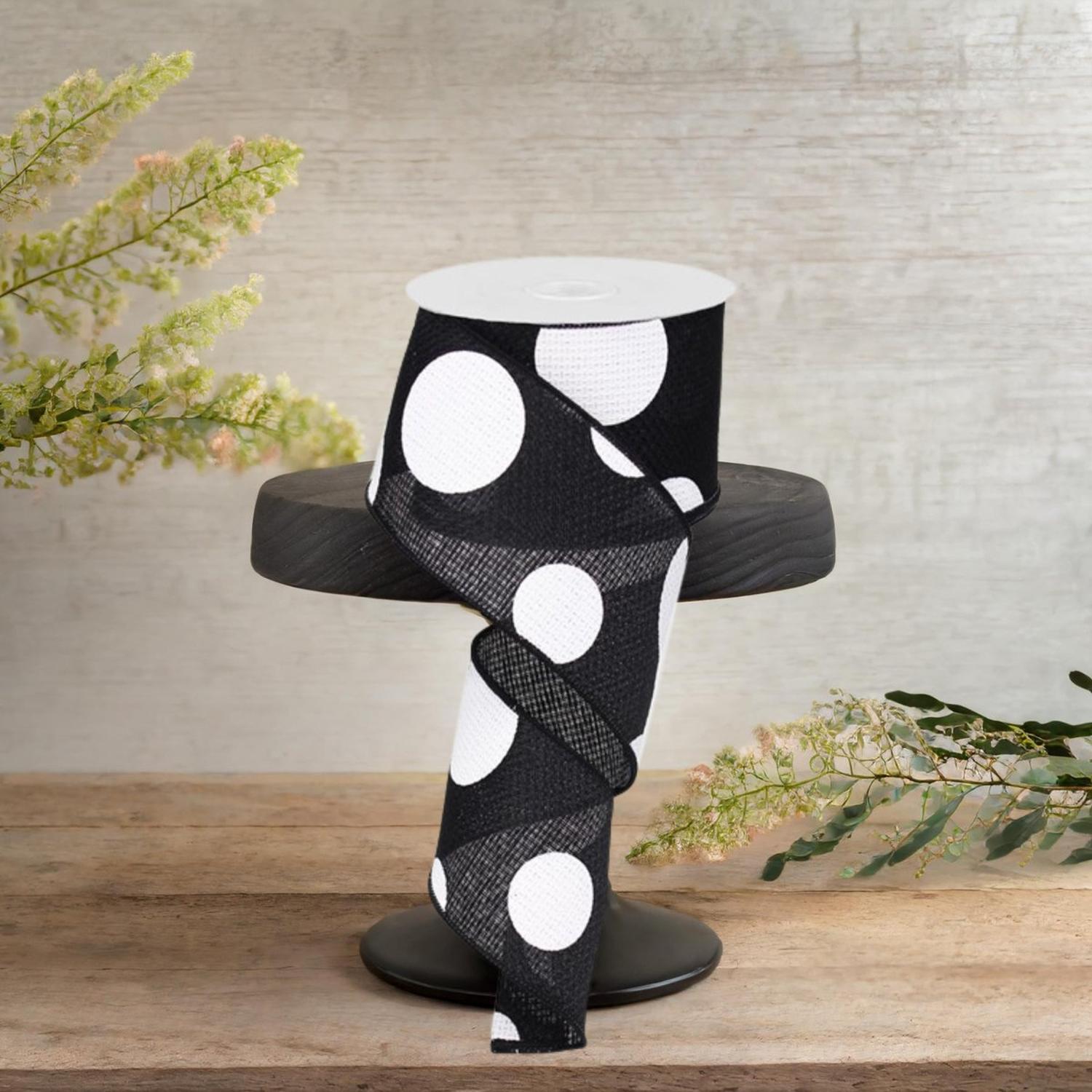 2.5" Faux Burlap Giant Polka Dot Ribbon: Black & White (10 Yards)
