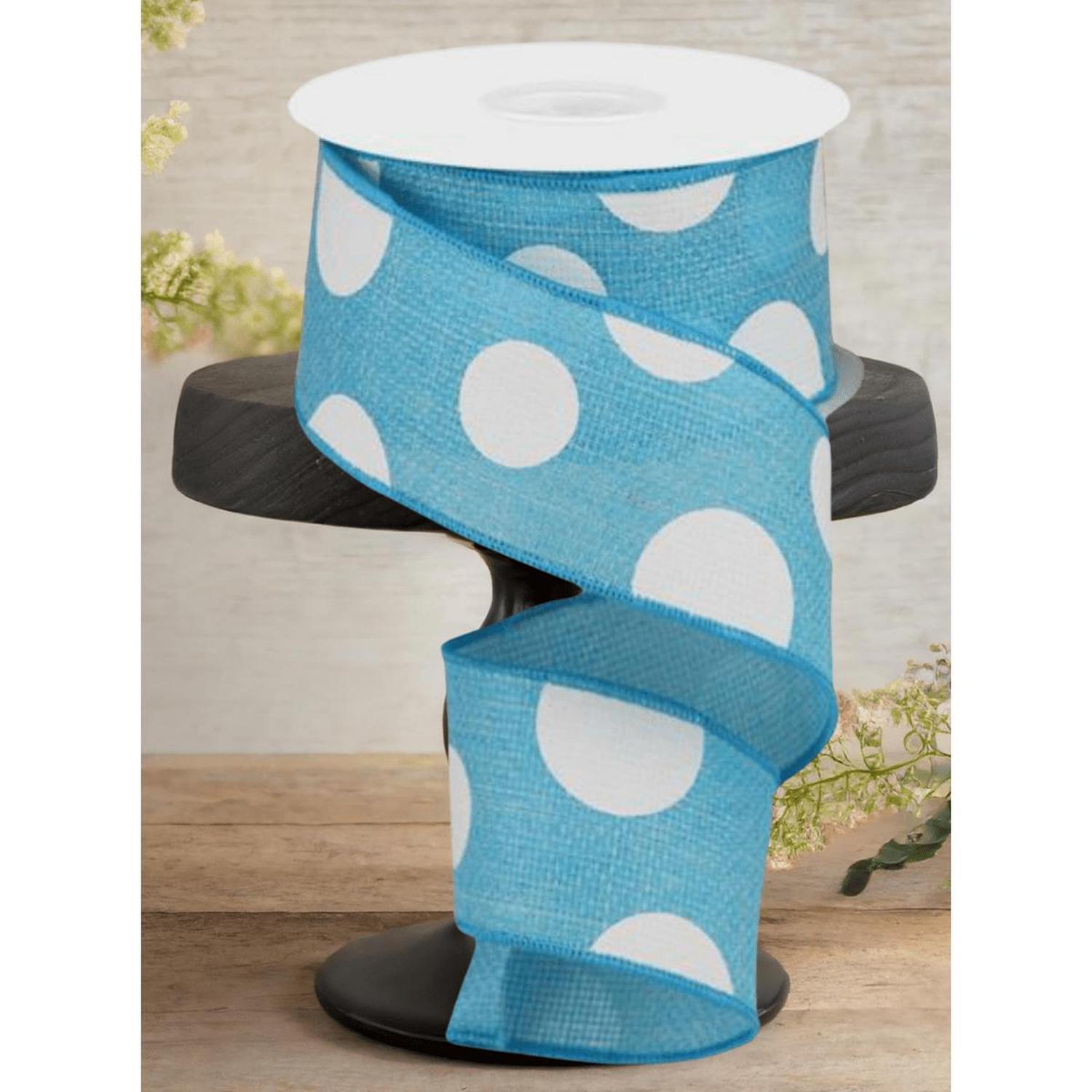 2.5" Faux Burlap Giant Polka Dot Ribbon: Light Blue & White (10 Yards)