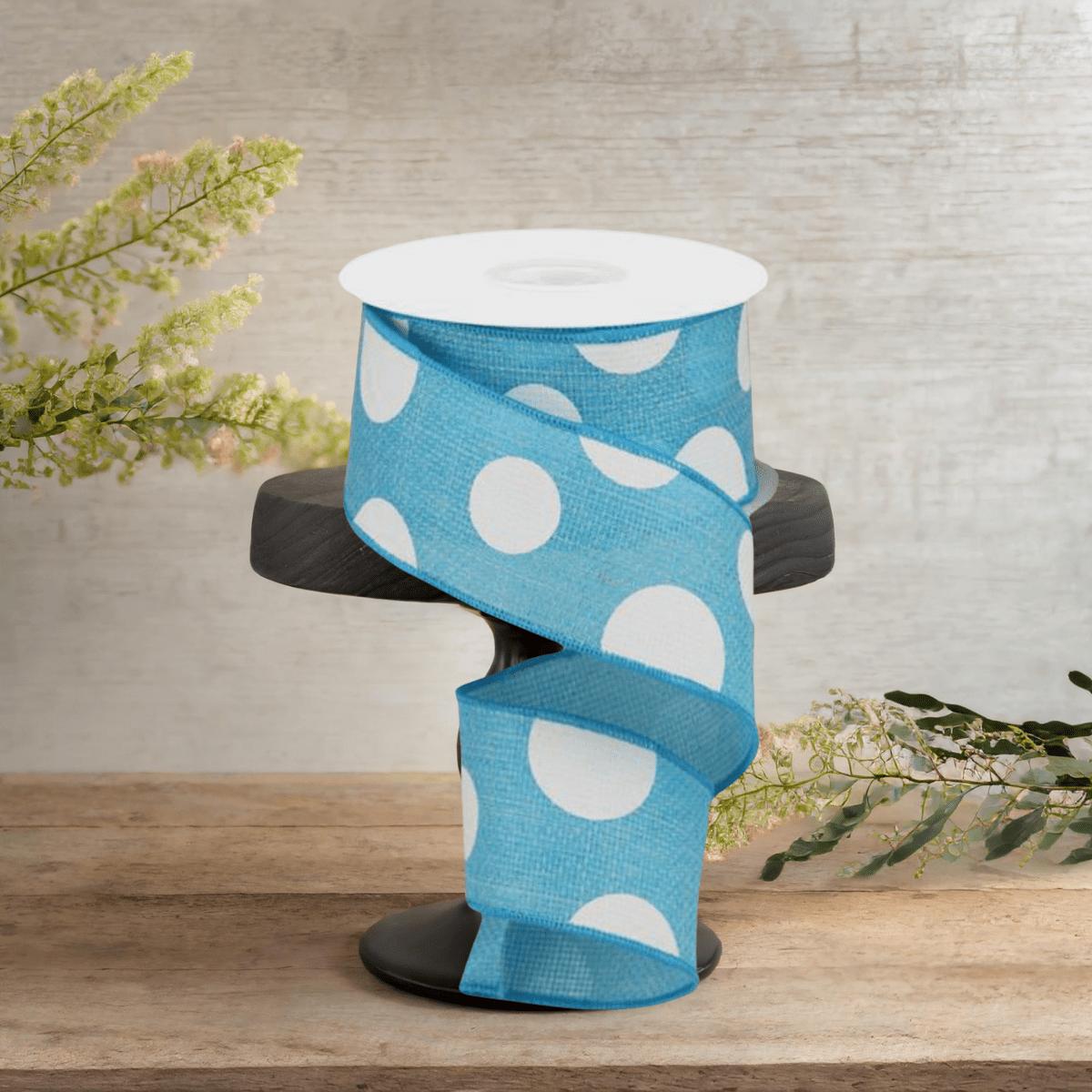 Shop For 2.5" Faux Burlap Giant Polka Dot Ribbon: Light Blue & White (10 Yards)