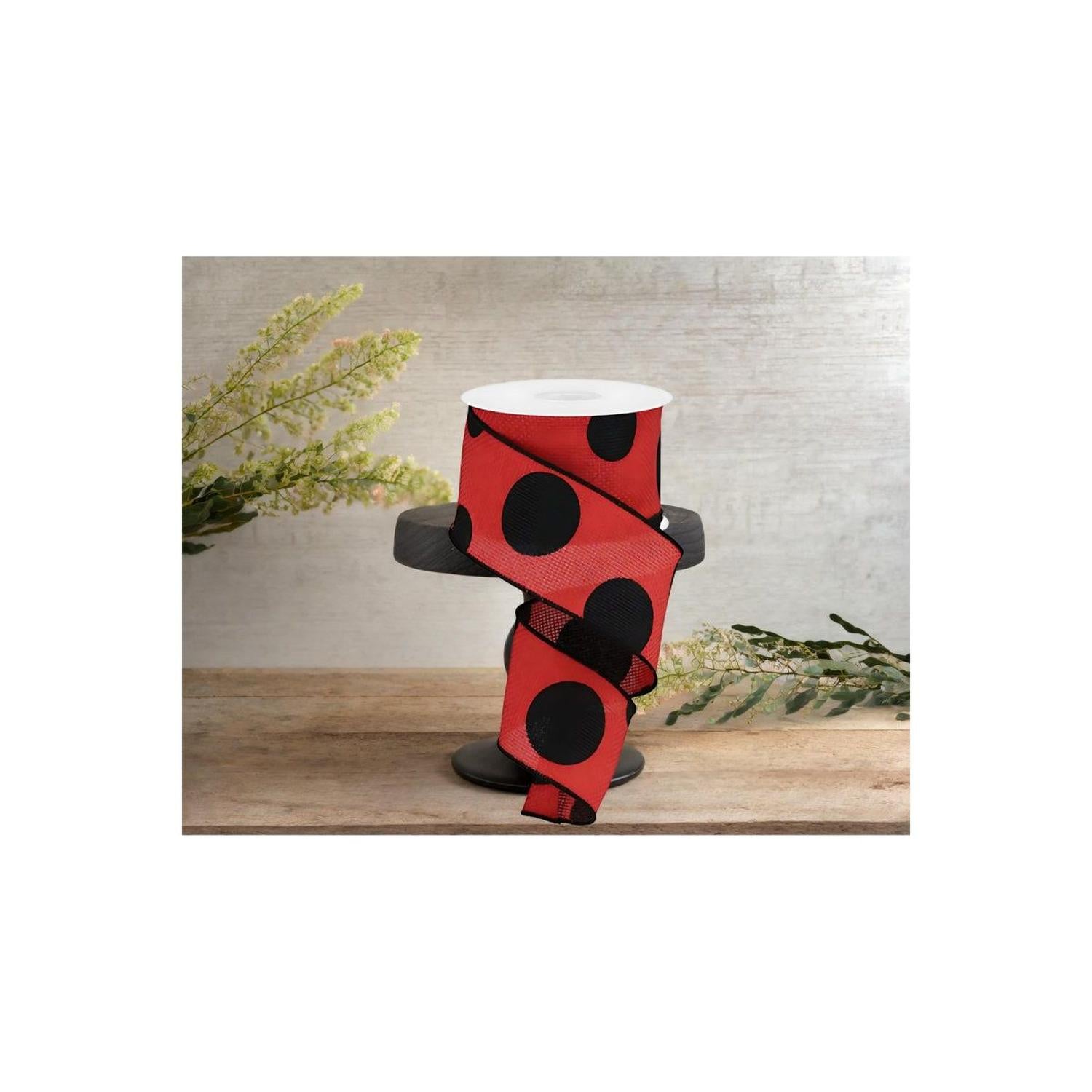 2.5" Faux Burlap Giant Polka Dot Ribbon: Red & Black (10 Yards)