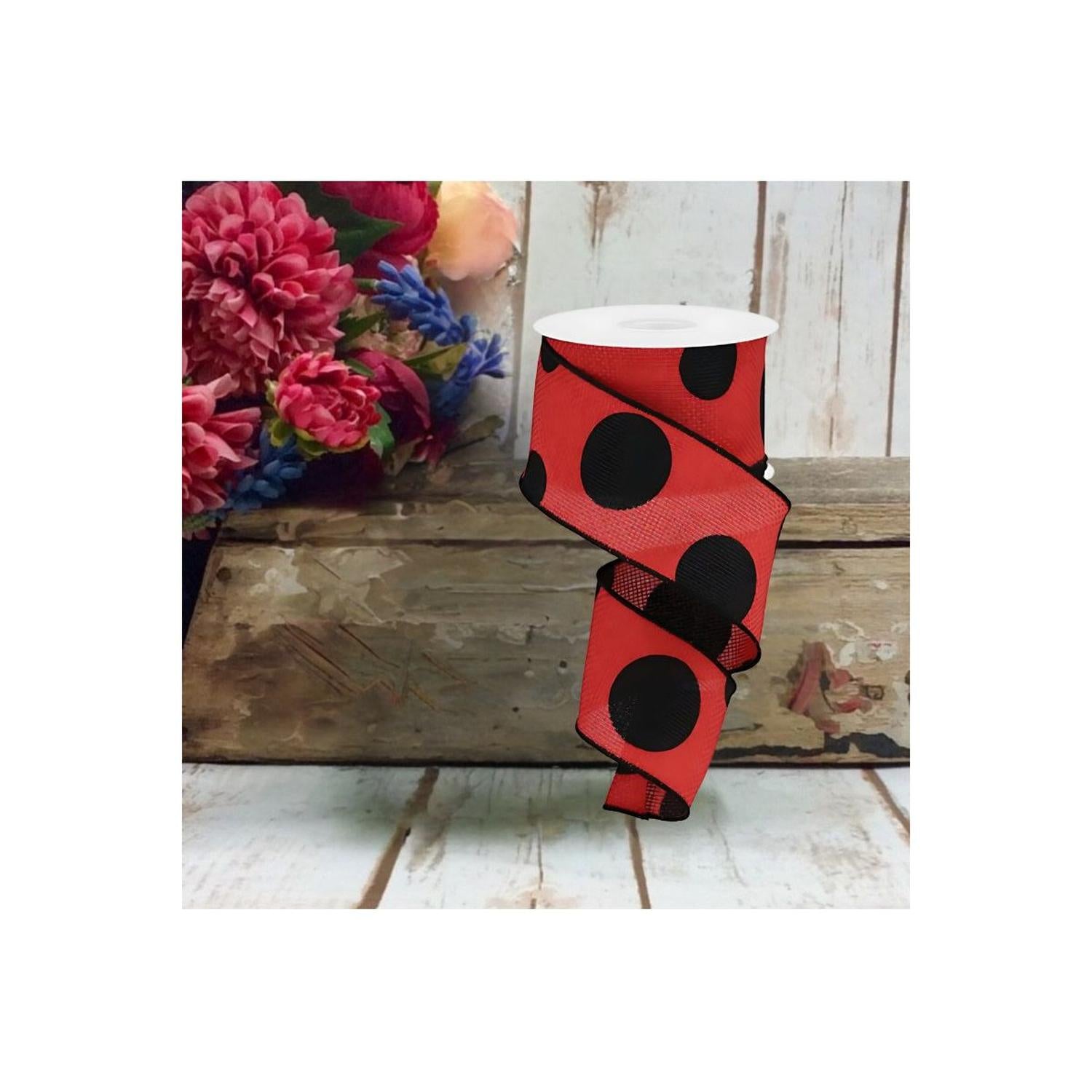 2.5" Faux Burlap Giant Polka Dot Ribbon: Red & Black (10 Yards)