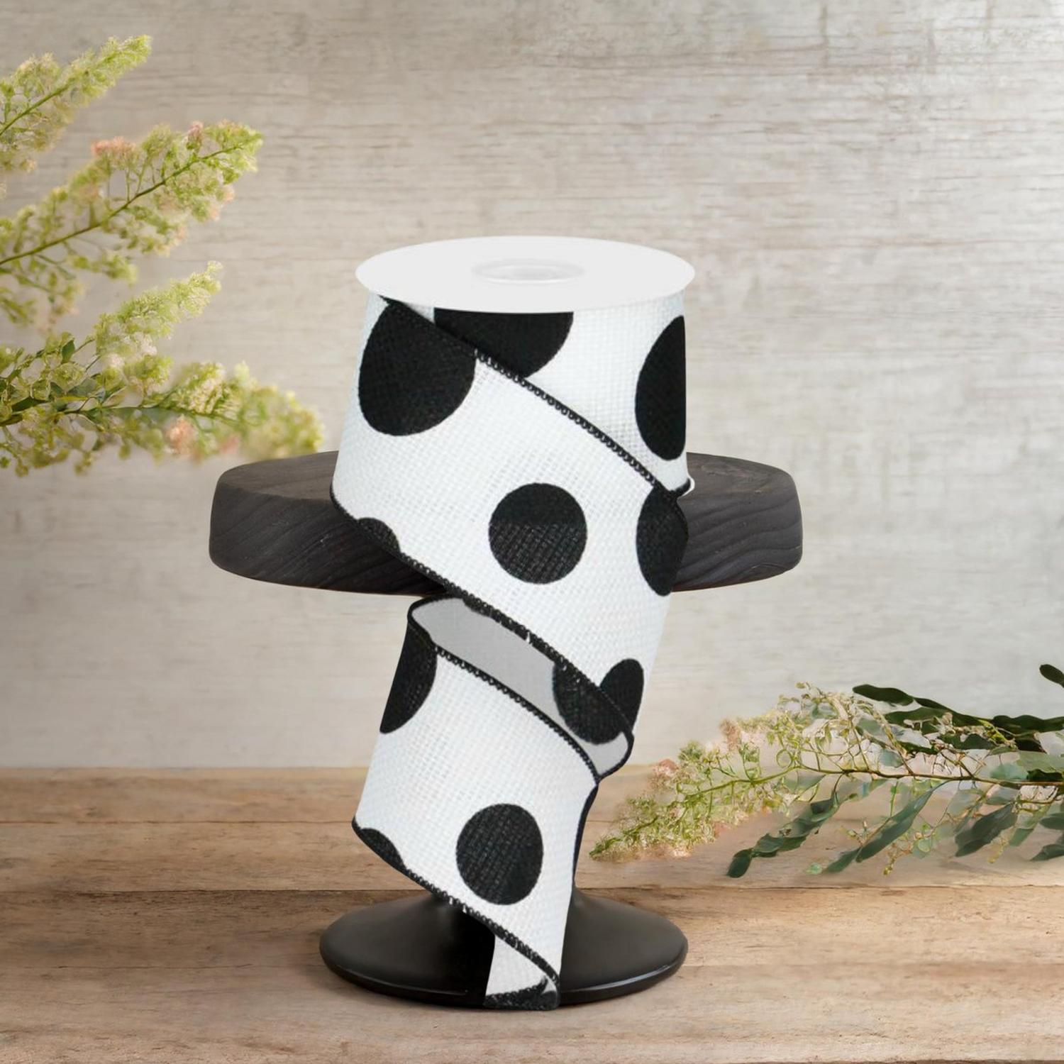 2.5" Faux Burlap Giant Polka Dot Ribbon: White & Black (10 Yards)