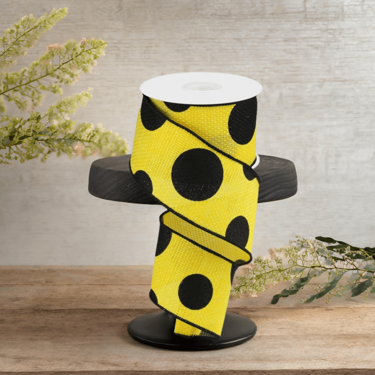 Shop For 2.5" Faux Burlap Giant Polka Dot Ribbon: Yellow & Black (10 Yards)