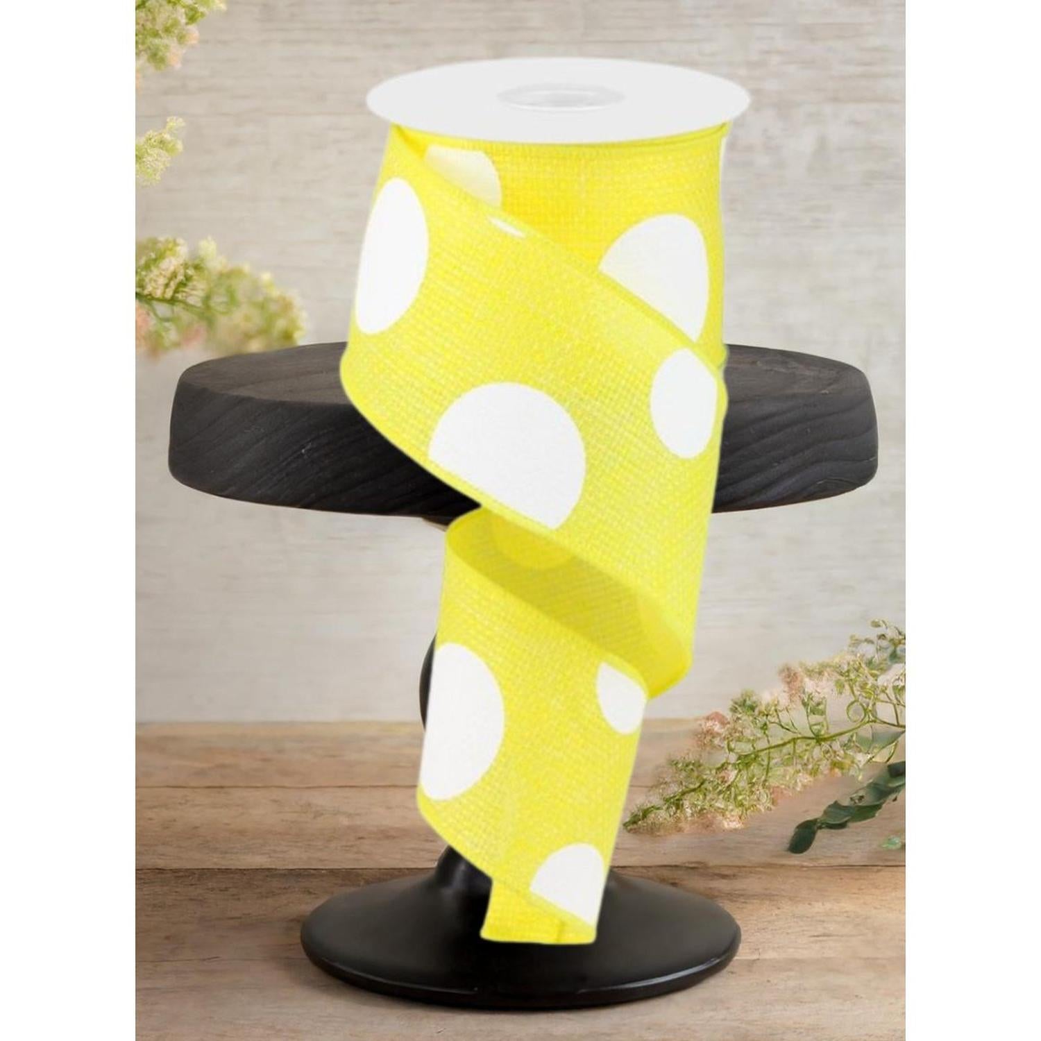 2.5" Faux Burlap Giant Polka Dot Ribbon: Yellow & White (10 Yards)