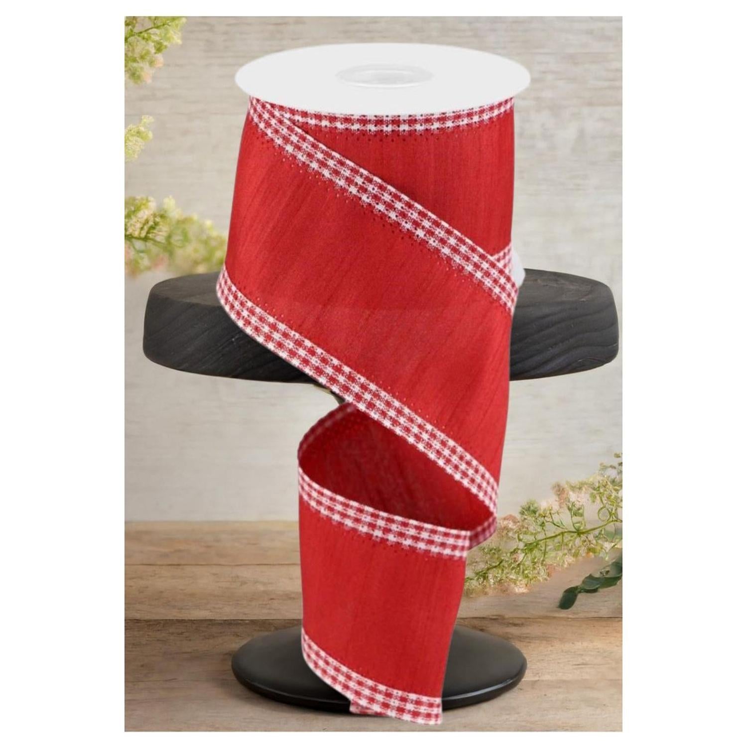 2.5" Faux Dupioni Gingham Edge Ribbon: Red (10 Yards)