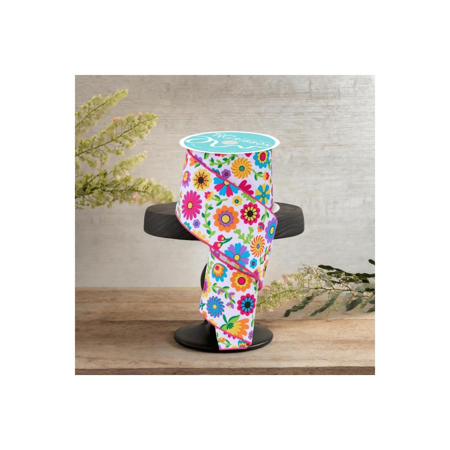 2.5" Fiesta Florals Ribbon: White (10 Yards)