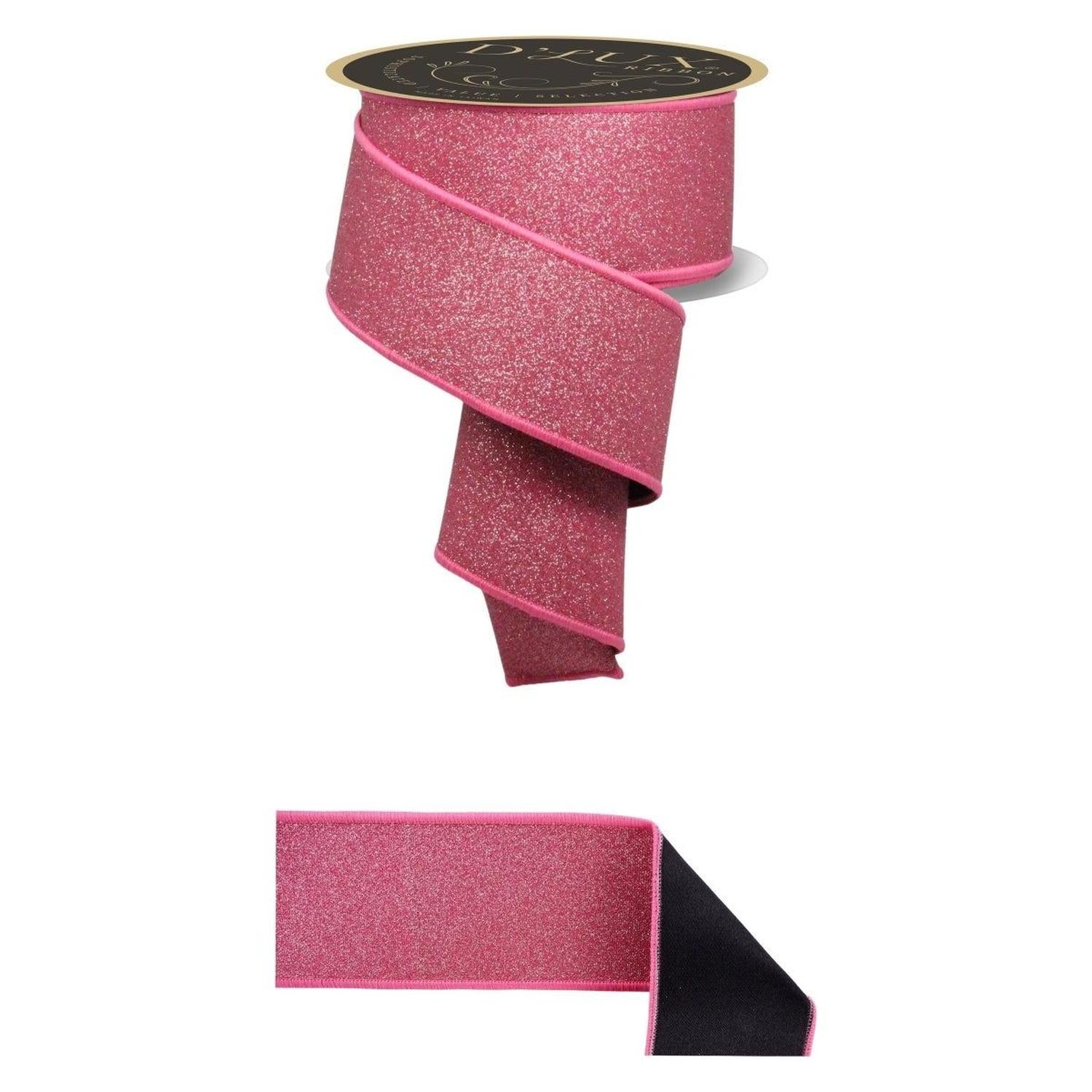 2.5" Fine Glitter Fused Back Ribbon: Fuchsia/Black (10 Yards)