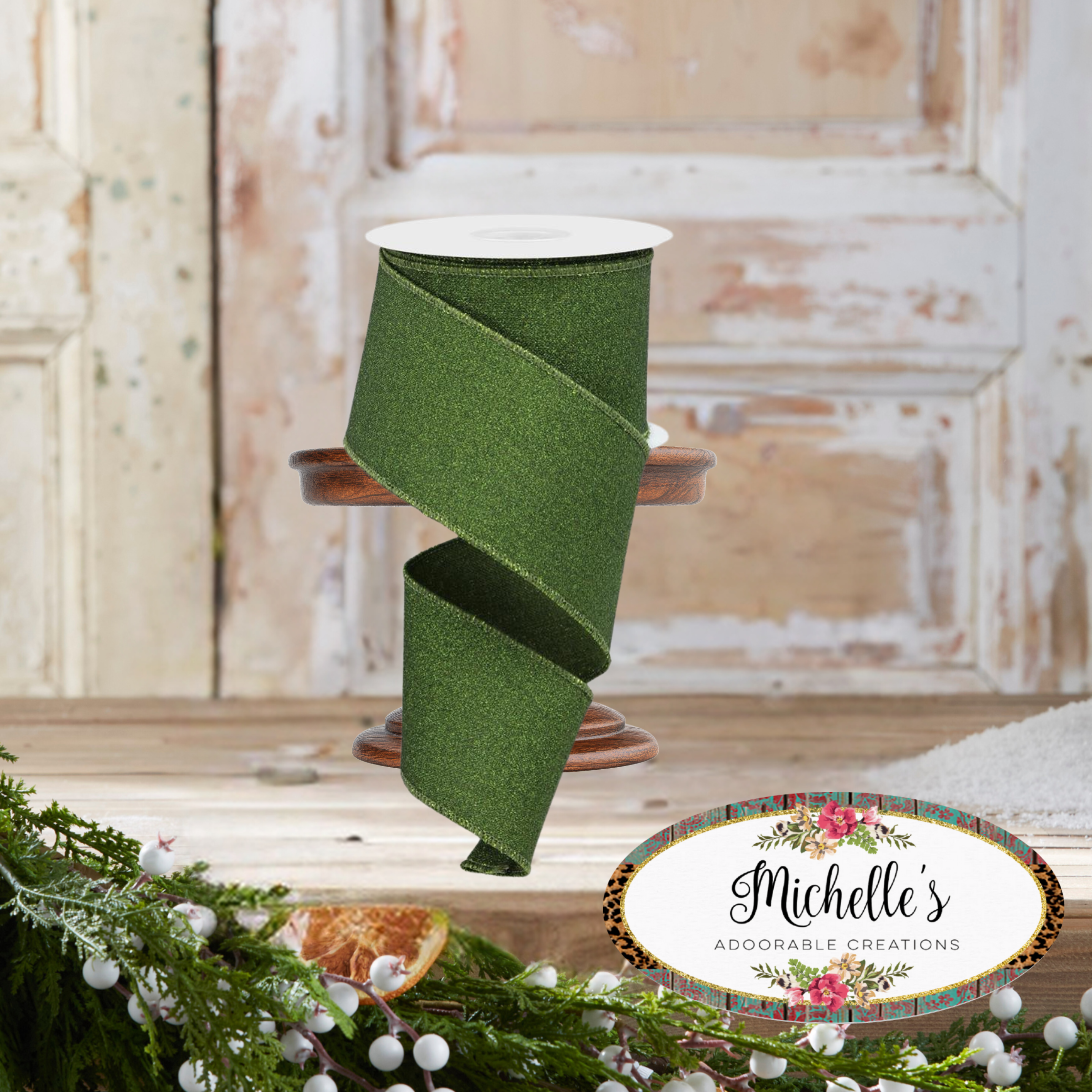 Shop For 2.5" Fine Glitter on Royal Ribbon: Moss Green (10 Yards)