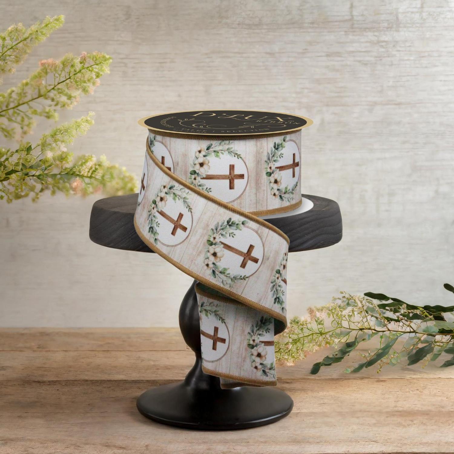 2.5" Floral Cross Ribbon: Brown (10 Yards)