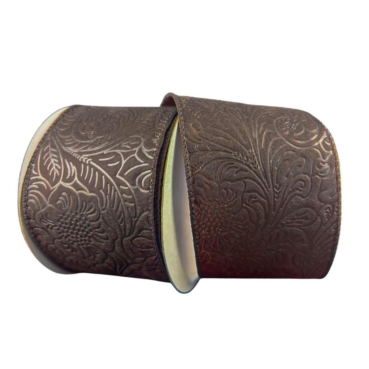 2.5" Flower Embossed Ribbon: Brown (10 Yards)