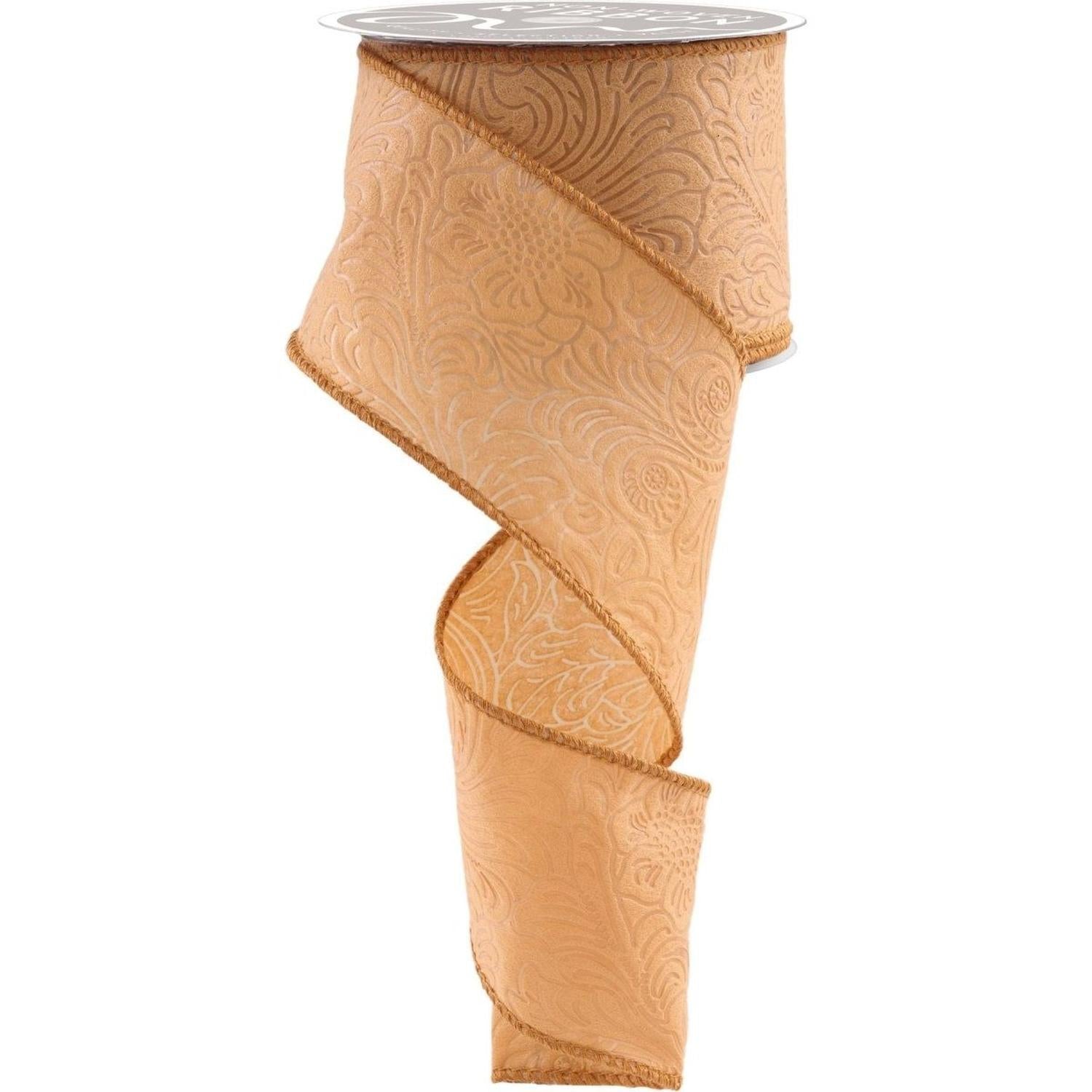 2.5" Flower Embossed Ribbon: Caramel (10 Yards)