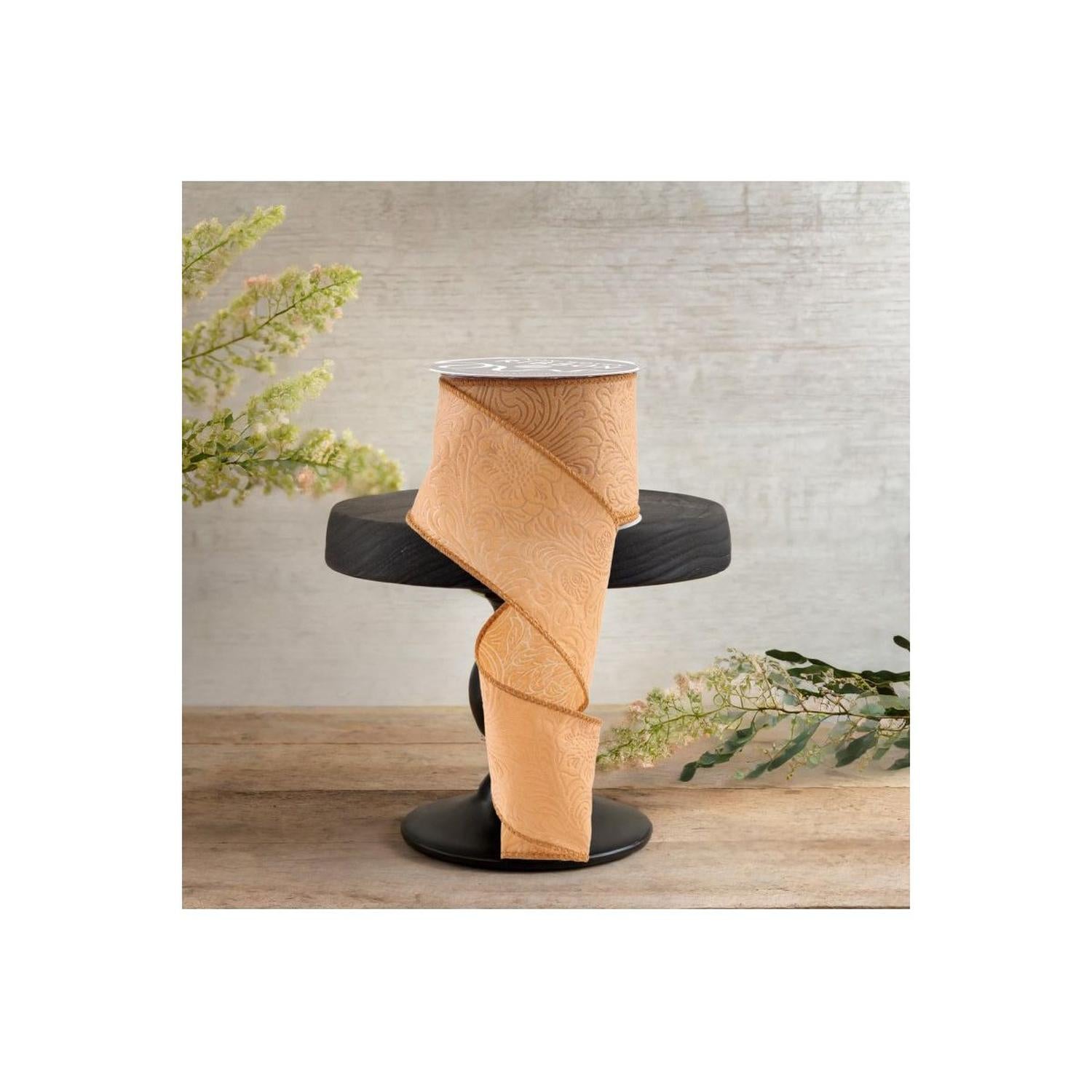 2.5" Flower Embossed Ribbon: Caramel (10 Yards)