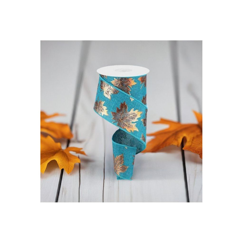 Shop For 2.5" Foil Maple Leaf Royal Ribbon: Teal (10 Yards) at Michelle's aDOORable Creations