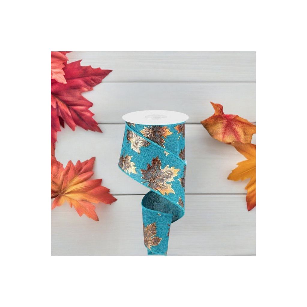 Shop For 2.5" Foil Maple Leaf Royal Ribbon: Teal (10 Yards) at Michelle's aDOORable Creations