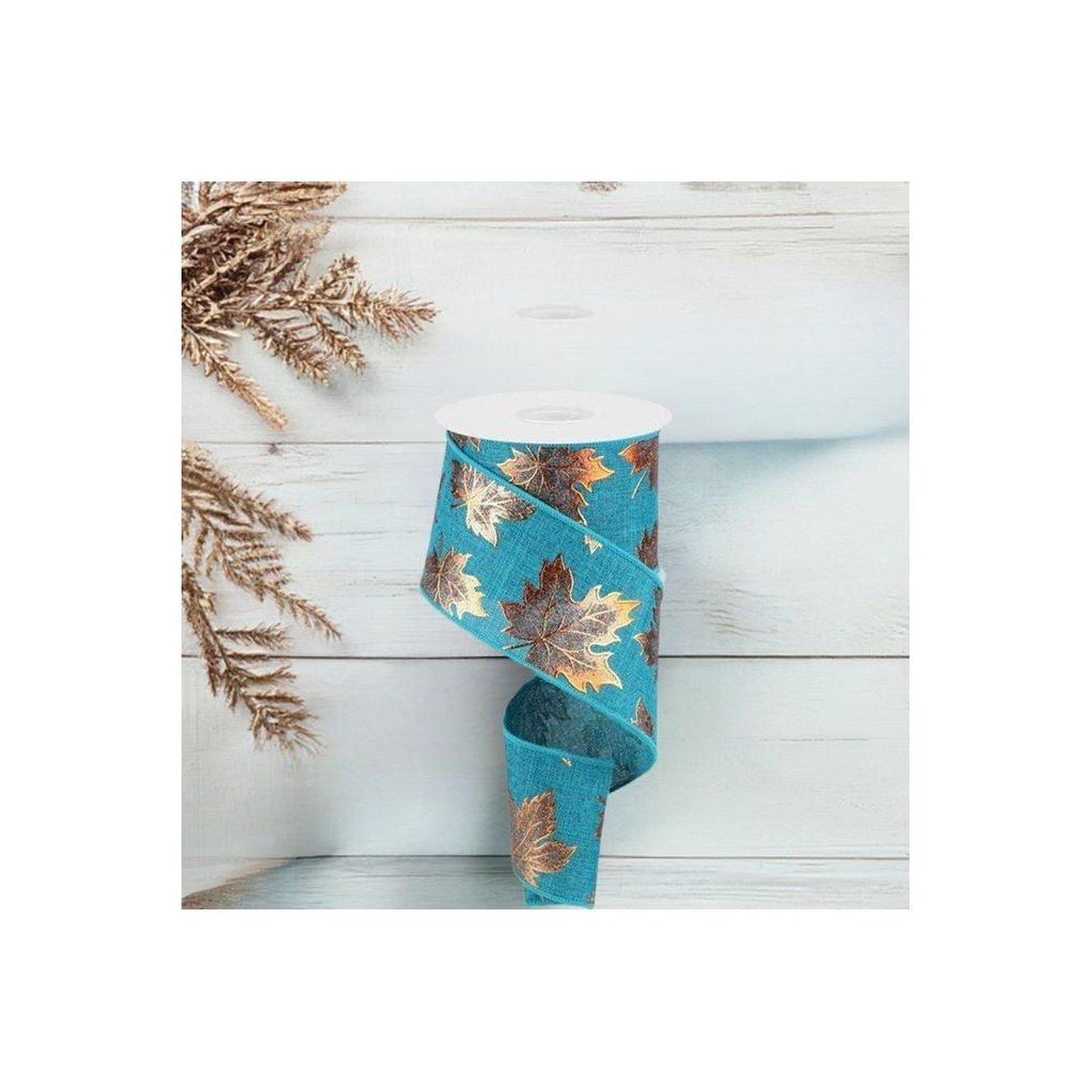 Shop For 2.5" Foil Maple Leaf Royal Ribbon: Teal (10 Yards) at Michelle's aDOORable Creations