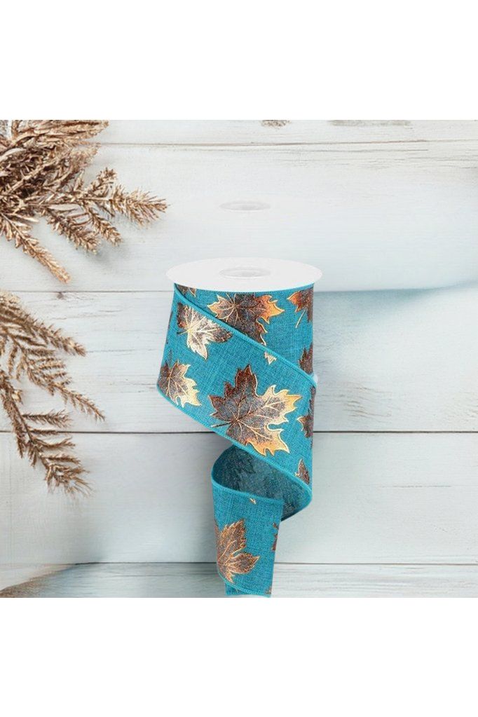 Shop For 2.5" Foil Maple Leaf Royal Ribbon: Teal (10 Yards) at Michelle's aDOORable Creations