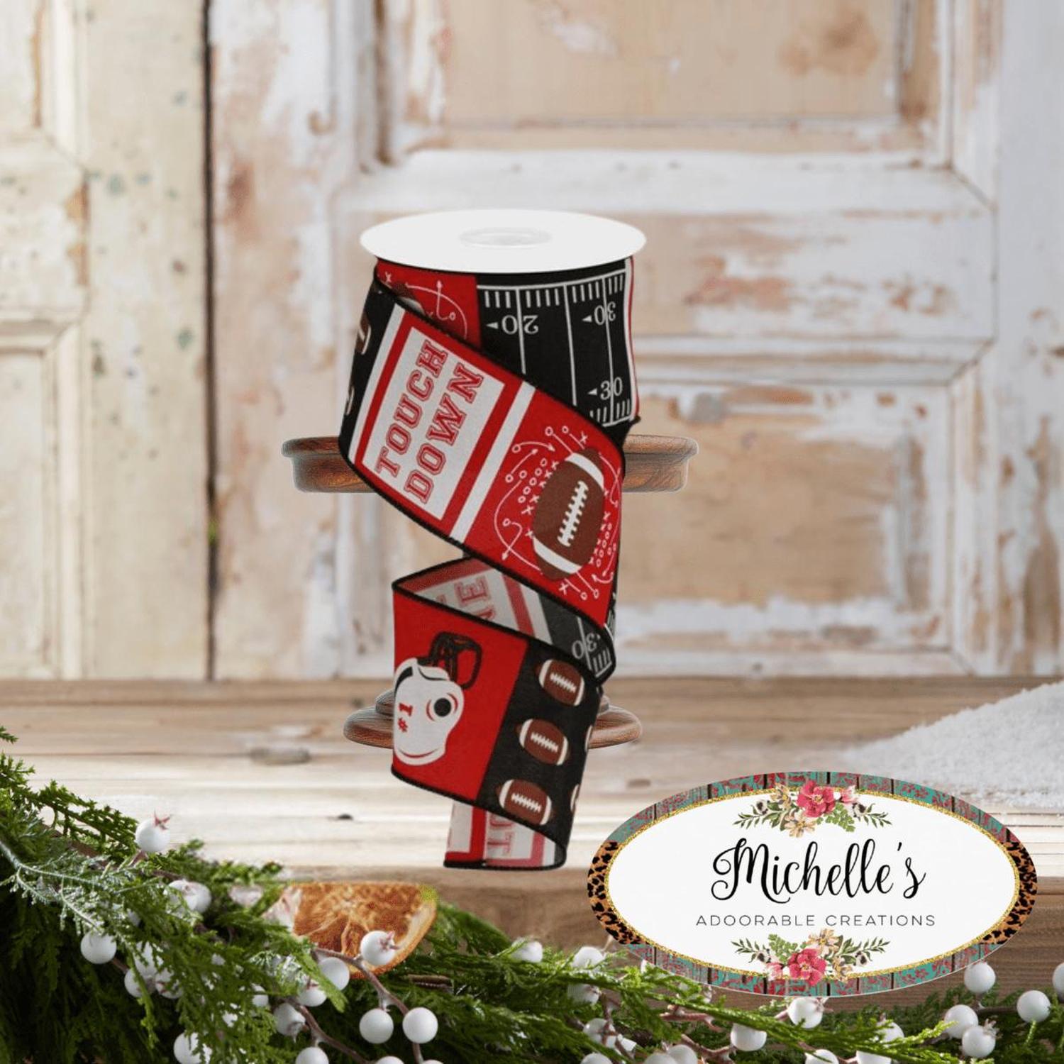 2.5" Football Block Pattern Ribbon: Red/Black (10 Yards)