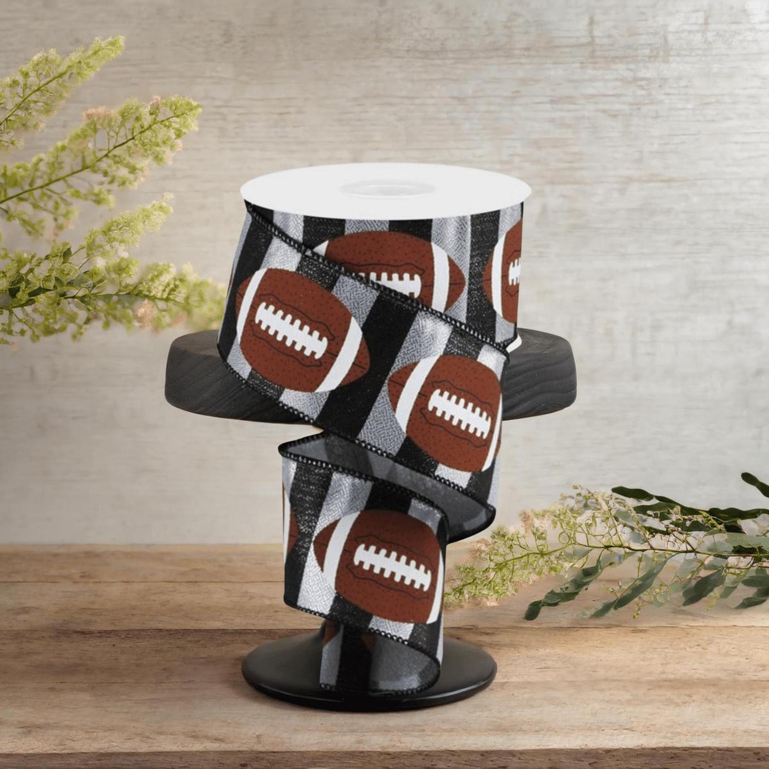 2.5" Footballs On Stripe Ribbon: Black & Silver (10 Yards)