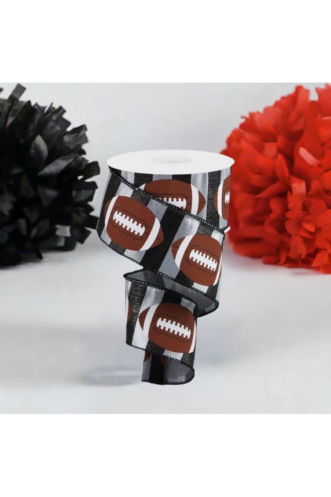 Shop For 2.5" Footballs On Stripe Ribbon: Black & Silver (10 Yards) at Michelle's aDOORable Creations