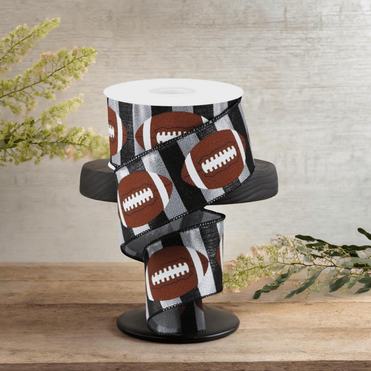 Shop For 2.5" Footballs On Stripe Ribbon: Black & Silver (10 Yards)