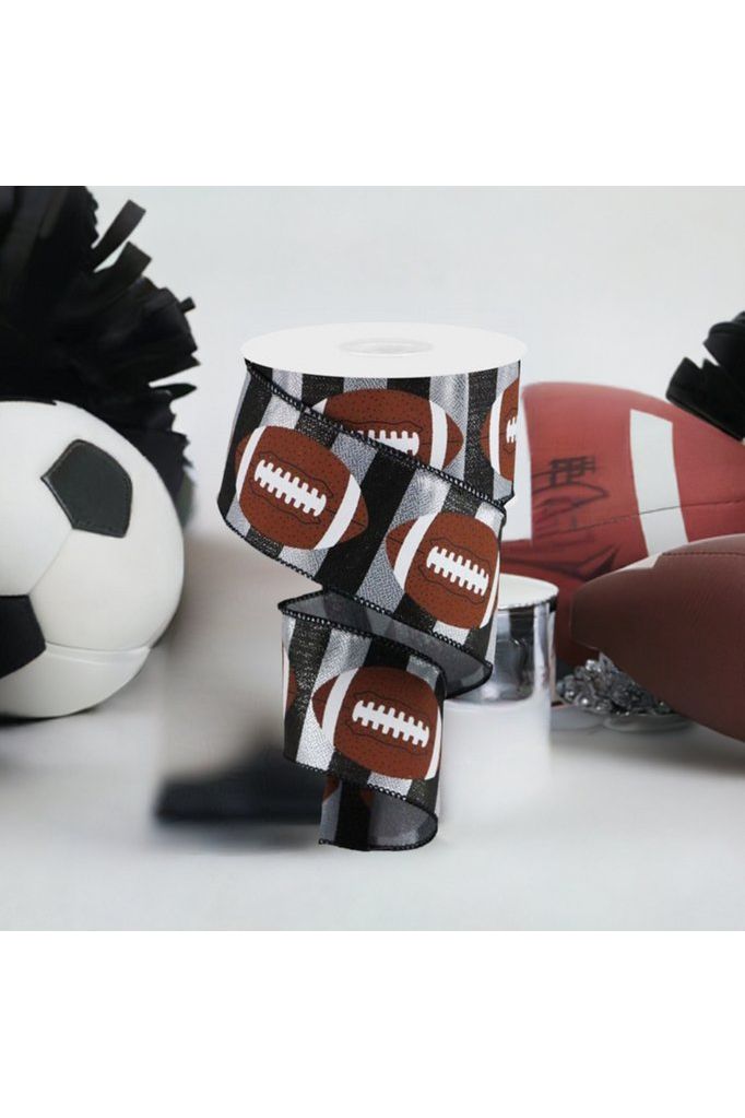 Shop For 2.5" Footballs On Stripe Ribbon: Black & Silver (10 Yards) at Michelle's aDOORable Creations