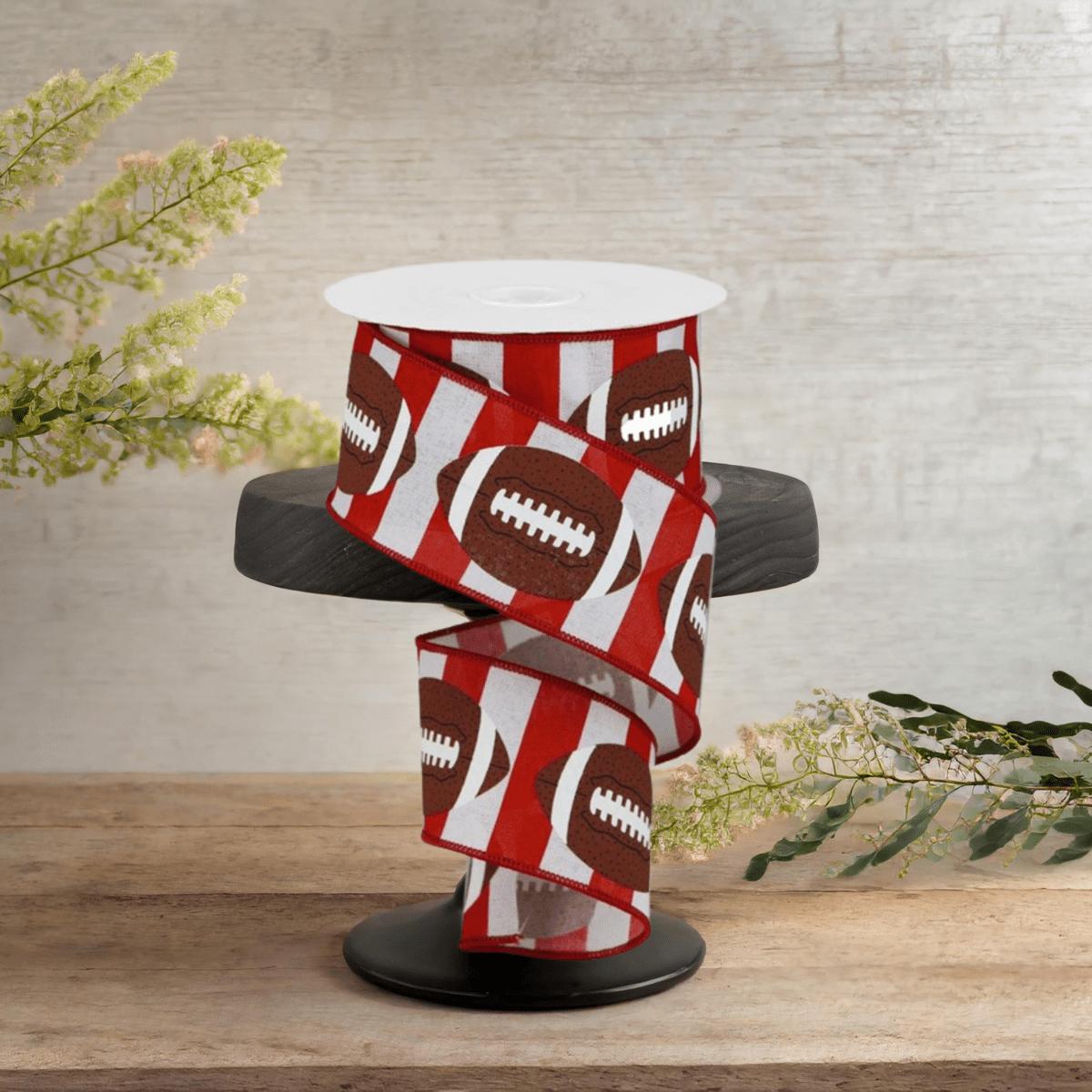 Shop For 2.5" Footballs On Stripe Ribbon: Crimson & White (10 Yards)