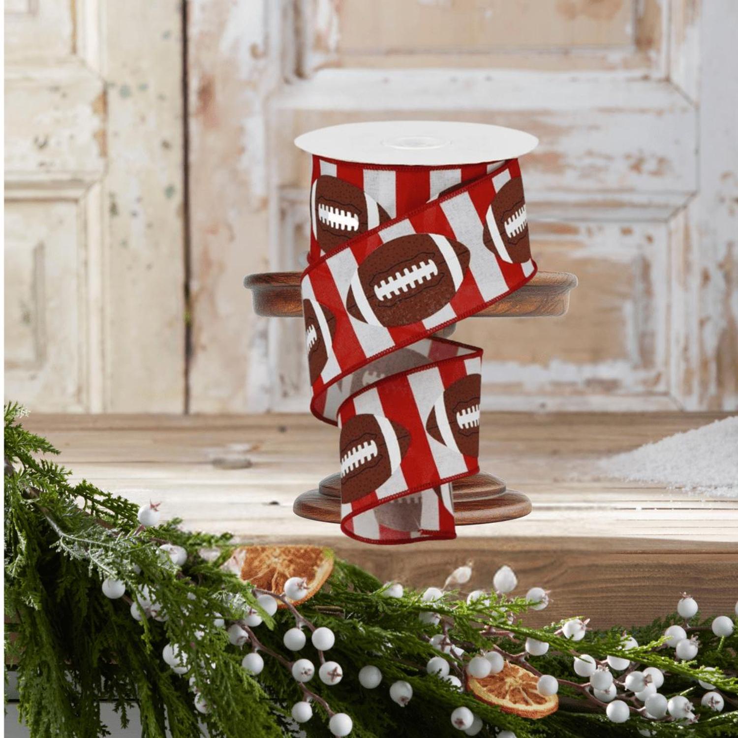 2.5" Footballs On Stripe Ribbon: Crimson & White (10 Yards)